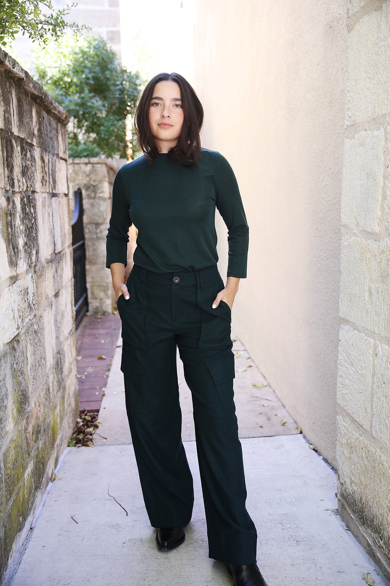 Wool Three-Quarter-Sleeve Mock-Neck Top Marine Pine