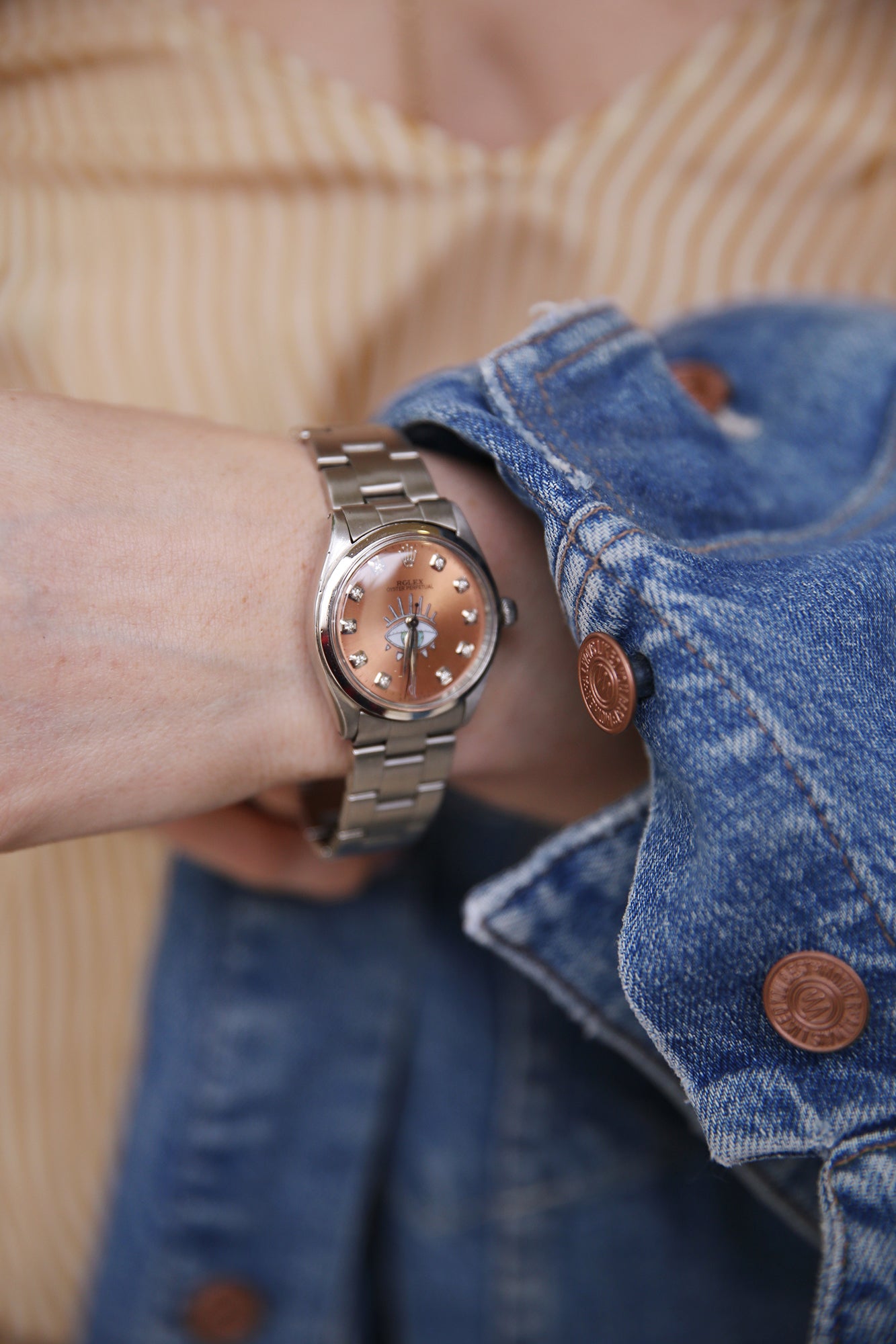 JA Rolex Vintage Watch w/10 Round Dia Pink Face Gigi Eye