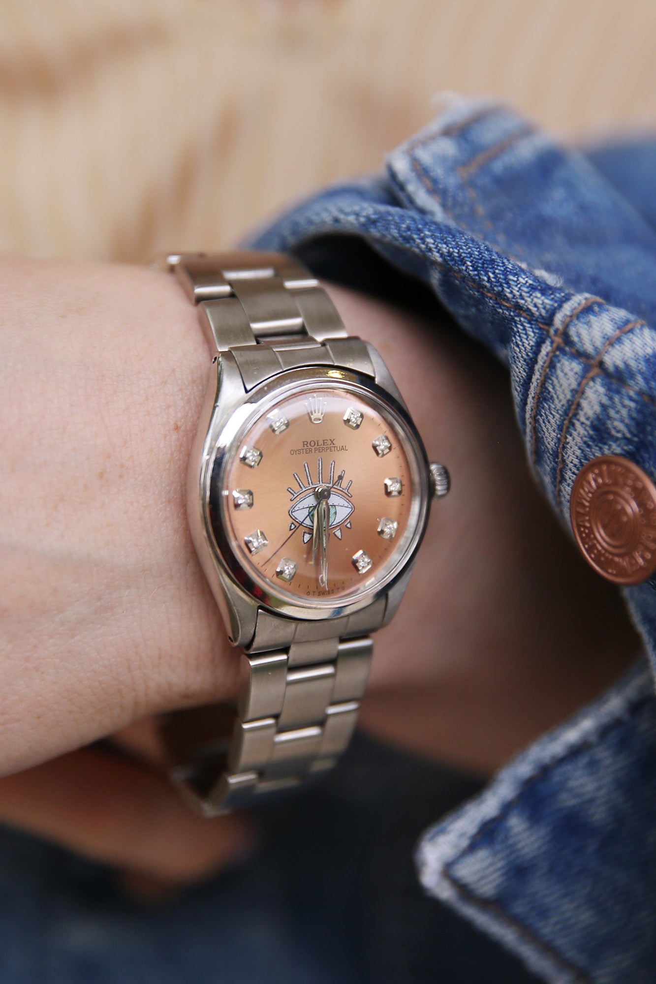 JA Rolex Vintage Watch w/10 Round Dia Pink Face Gigi Eye