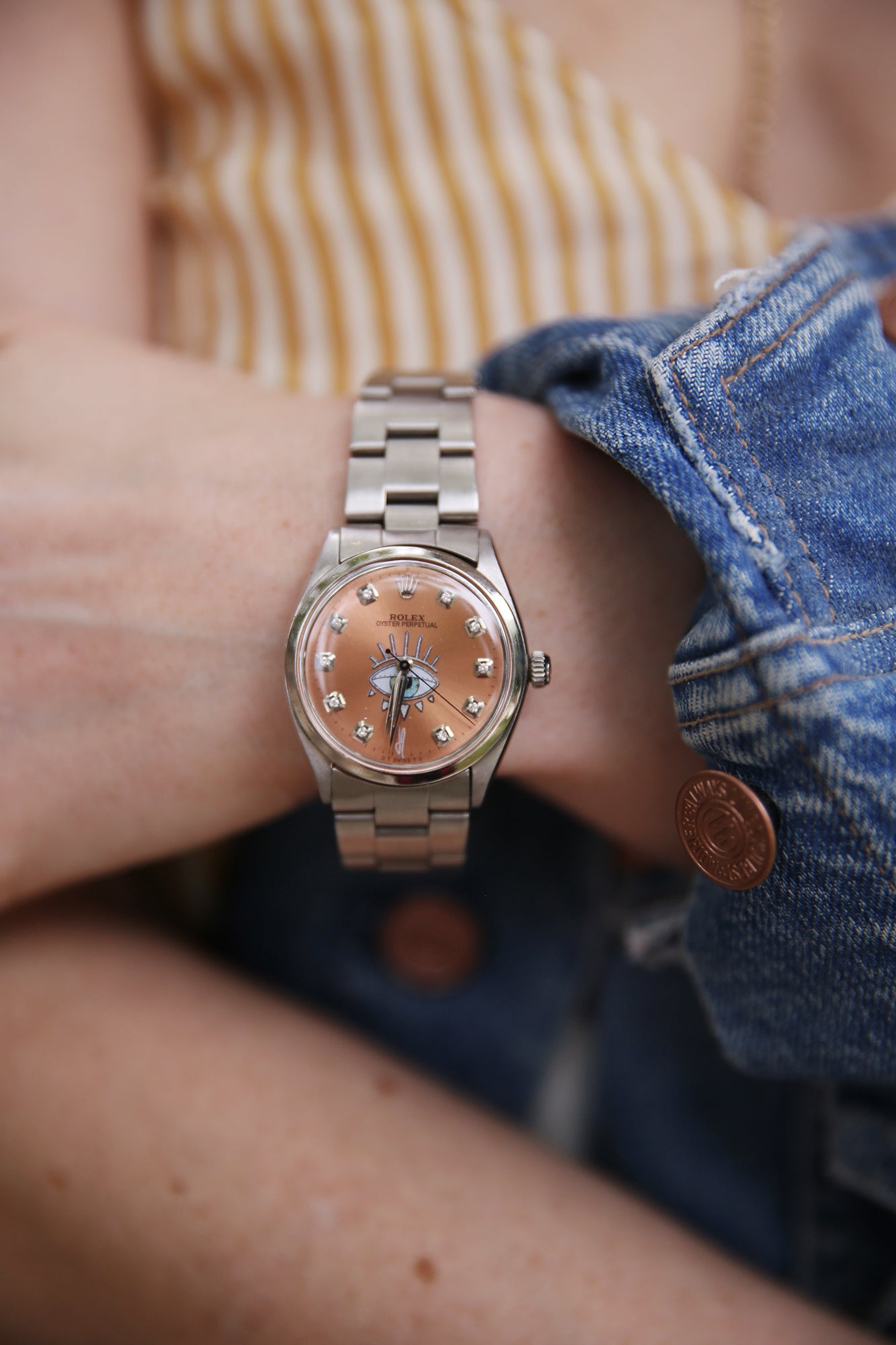 JA Rolex Vintage Watch w/10 Round Dia Pink Face Gigi Eye
