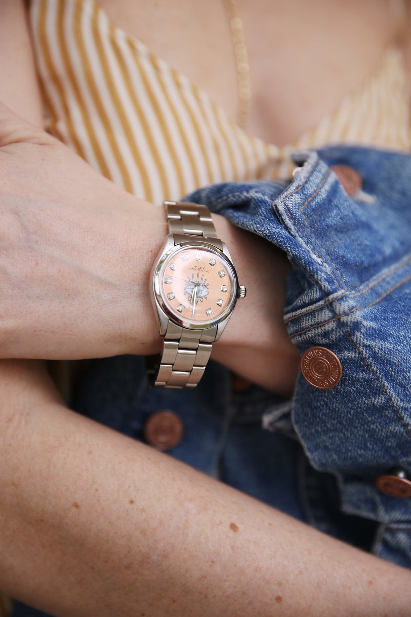 JA Rolex Vintage Watch w/10 Round Dia Pink Face Gigi Eye