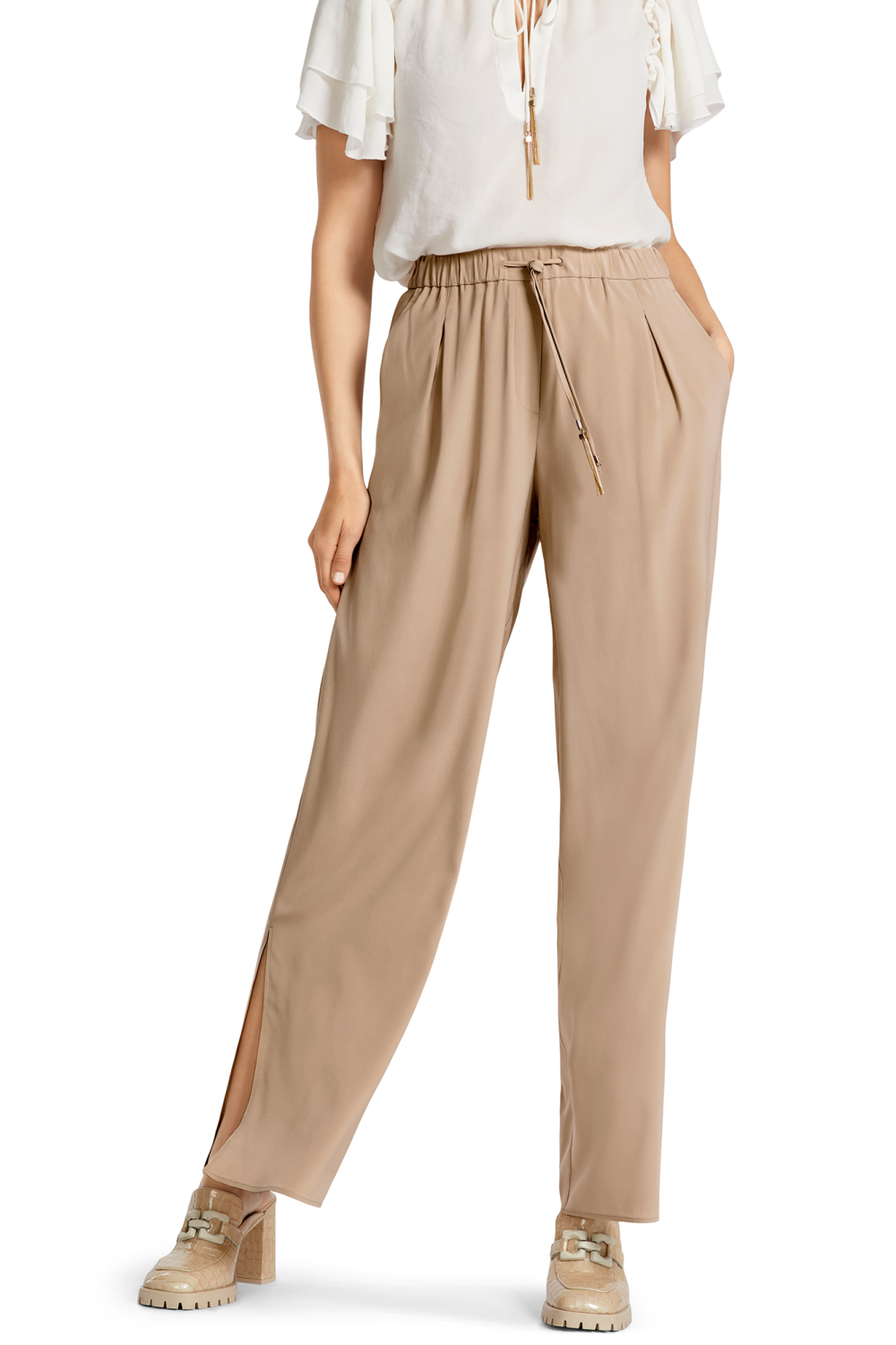 Deep Sand Pants With Bottom Slits from Marc Cain offer a distinguished style with their luxurious silk drape and waist pleats.
