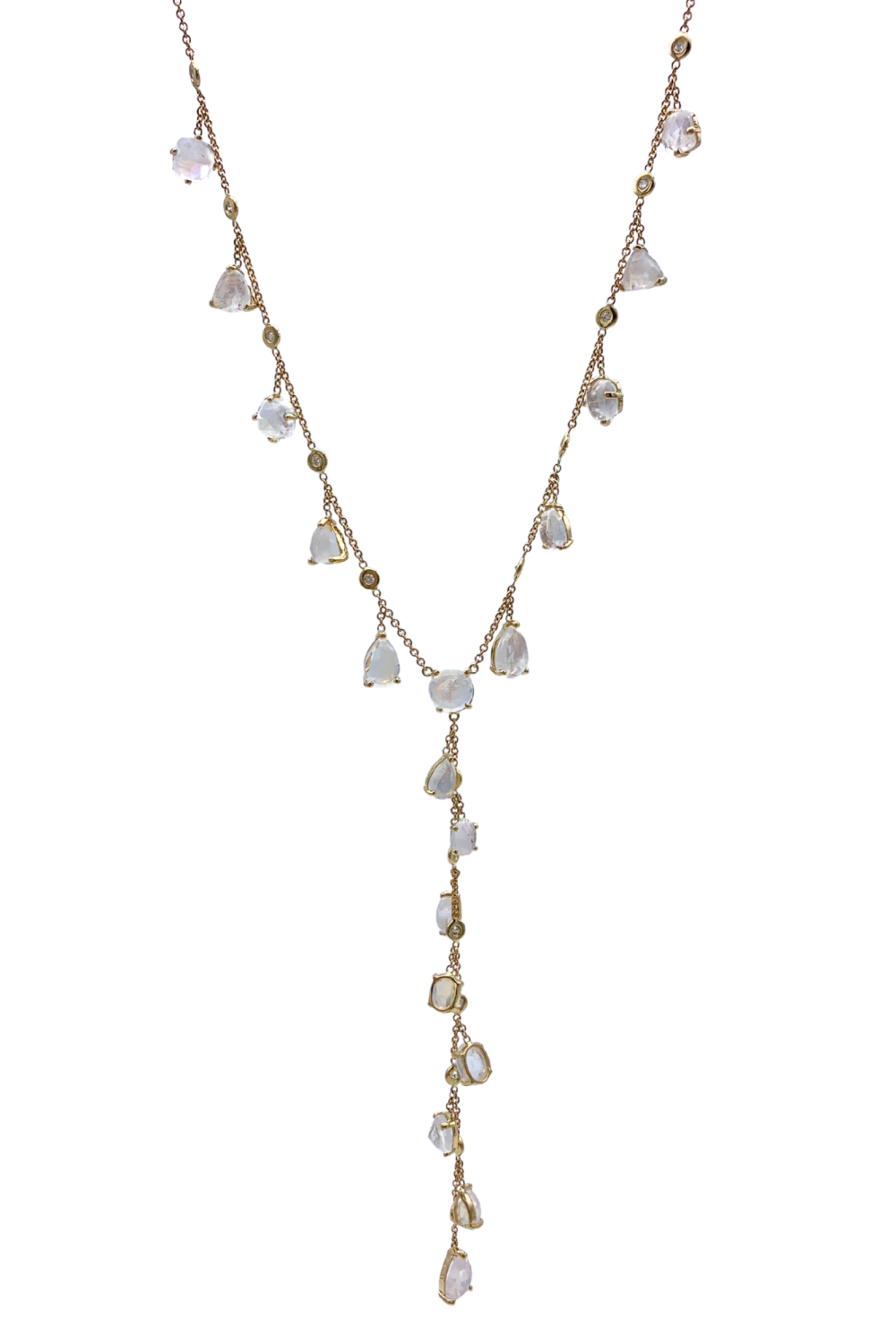 Yellow Gold 16 Diamond Bezel 18 Multi Shape Moonstone Shaker Y Necklace