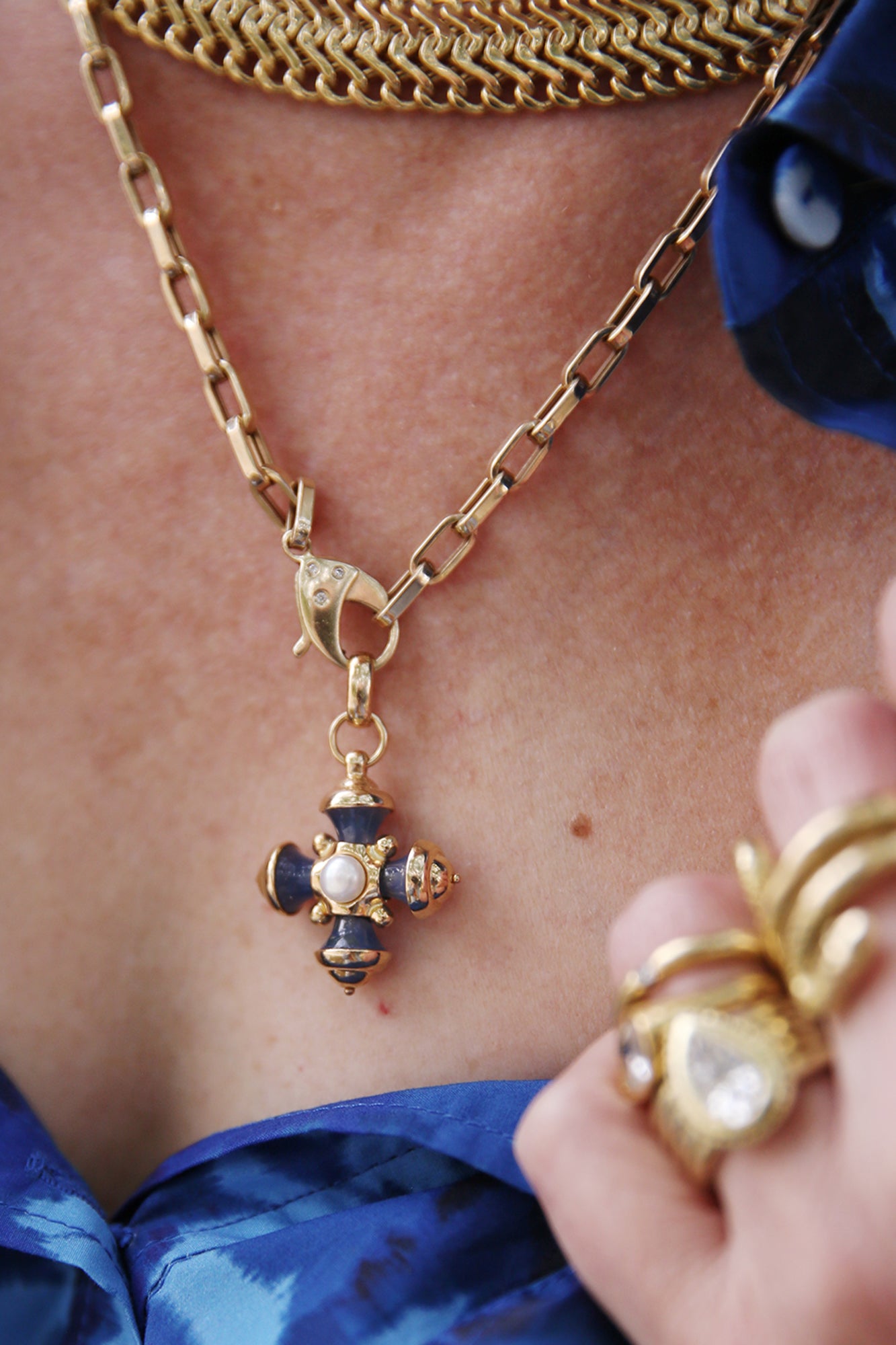 Italian Pendant Pearl & Blue Stone 14K YG