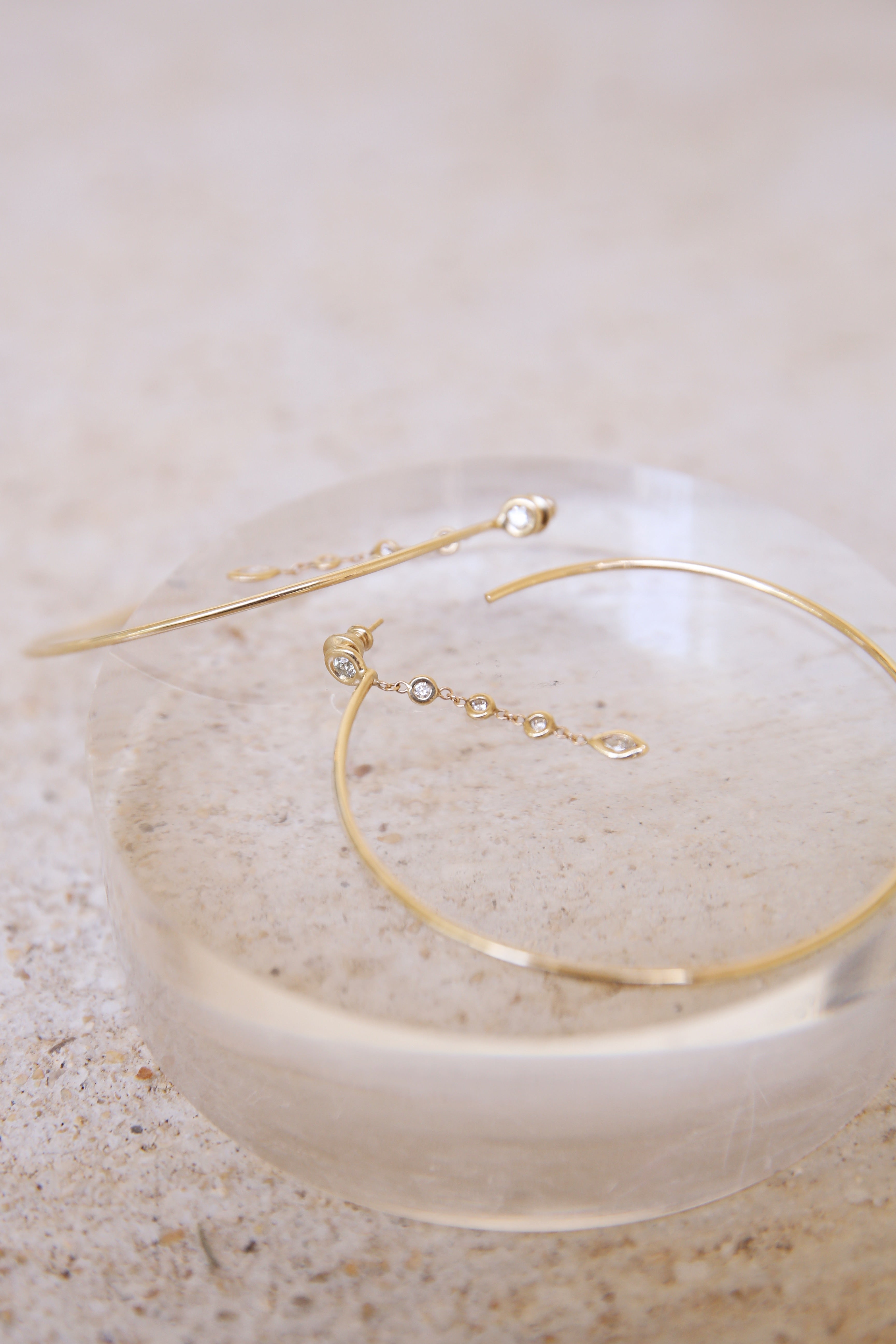 14k YG 4 Diamond Bezel & Marquis Bezel Large Hoop Earrings PAIR