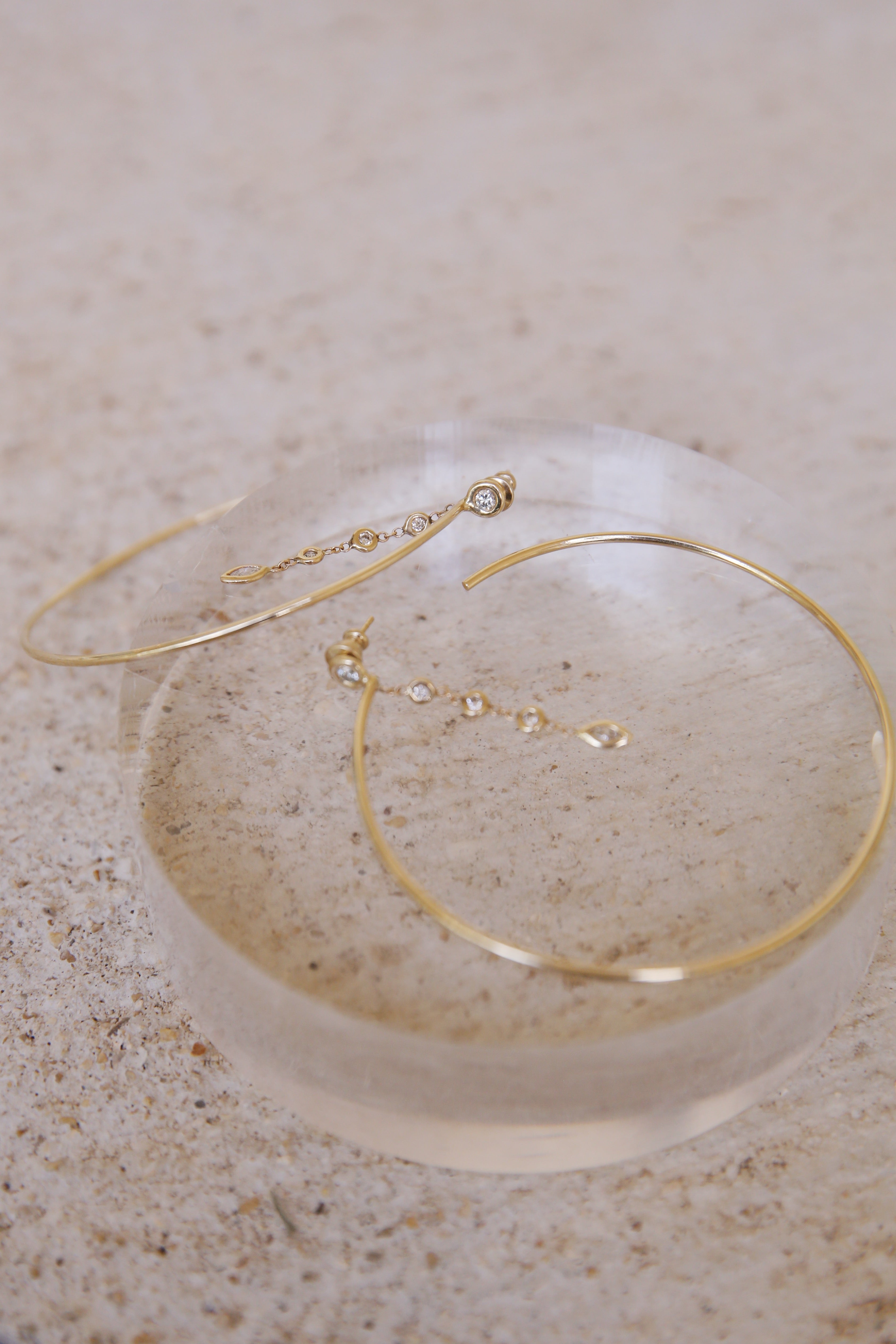 14k YG 4 Diamond Bezel & Marquis Bezel Large Hoop Earrings PAIR