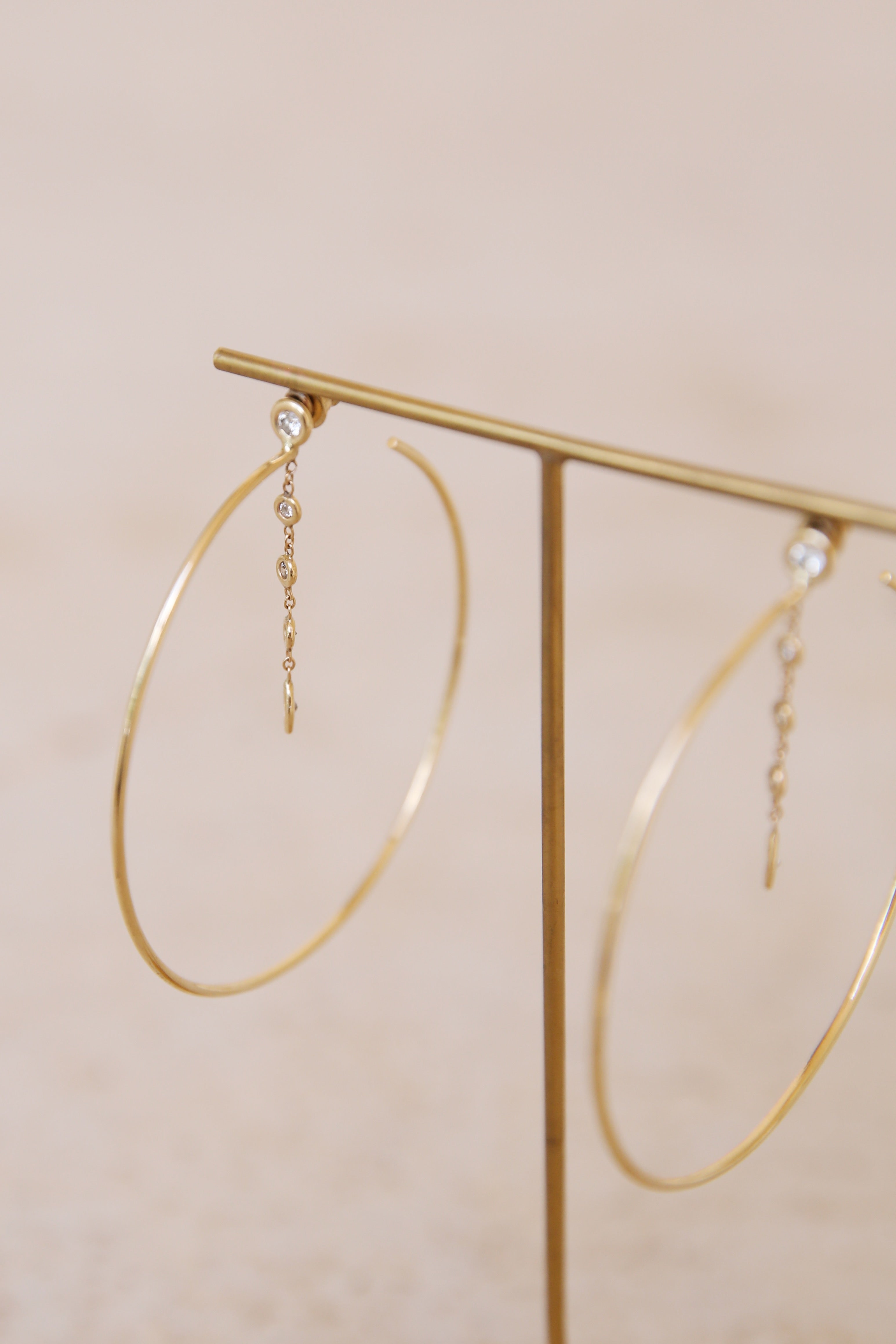 14k YG 4 Diamond Bezel & Marquis Bezel Large Hoop Earrings PAIR