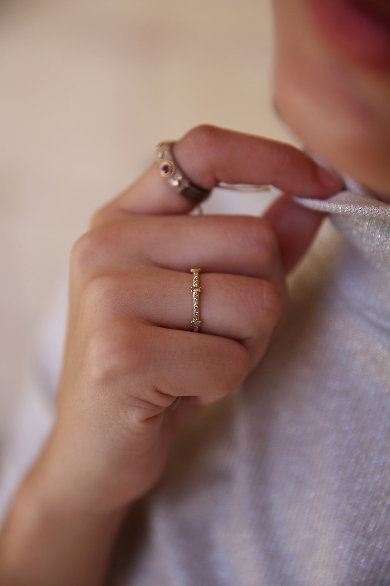 18k YG White Diamonds + Sapphire Baguettes Ring