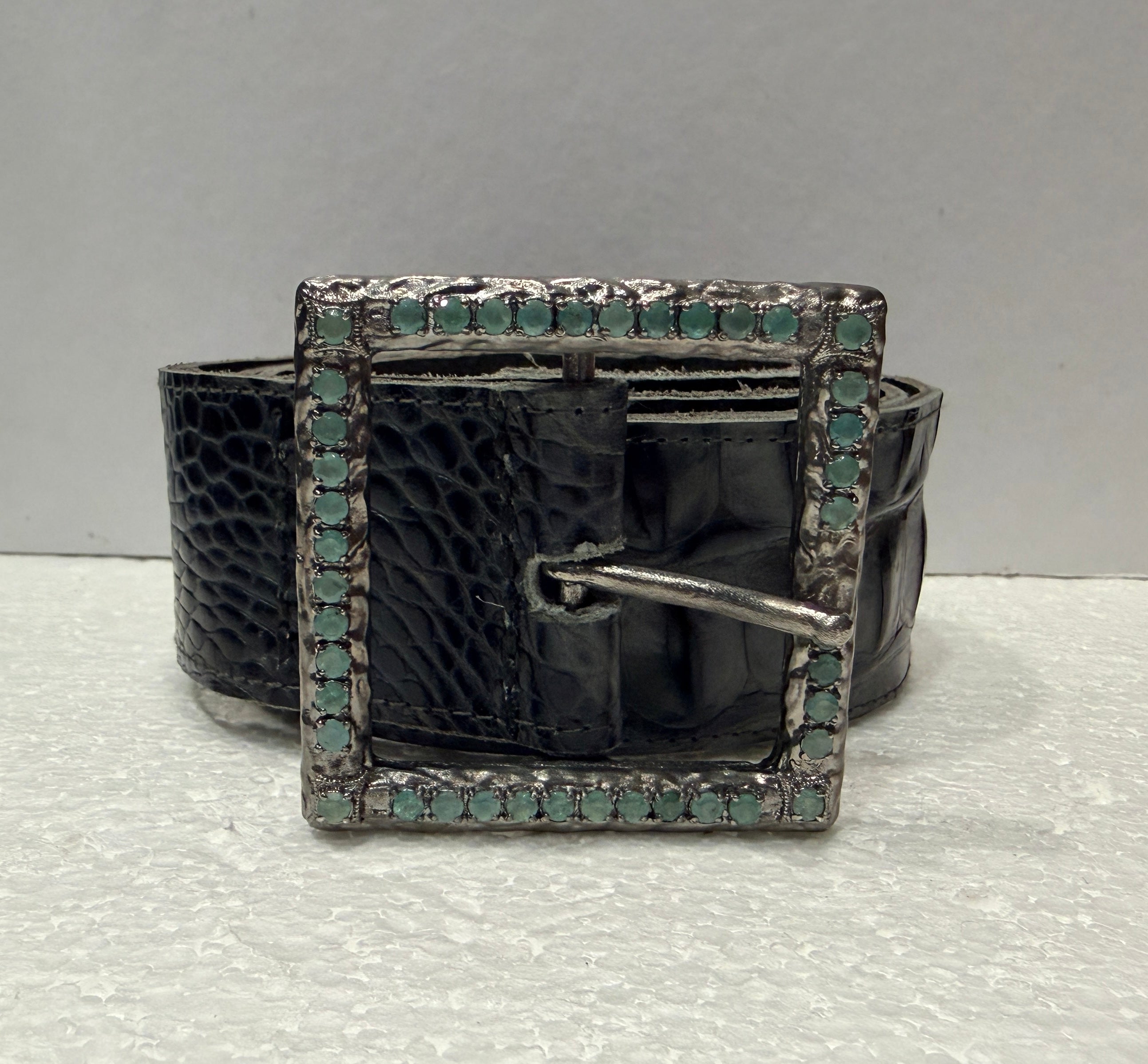 Heavy Alhambra Buckle Adorned w/Randidierite + Sky Blue Topaz w/Brushed Caviar Leather Belt