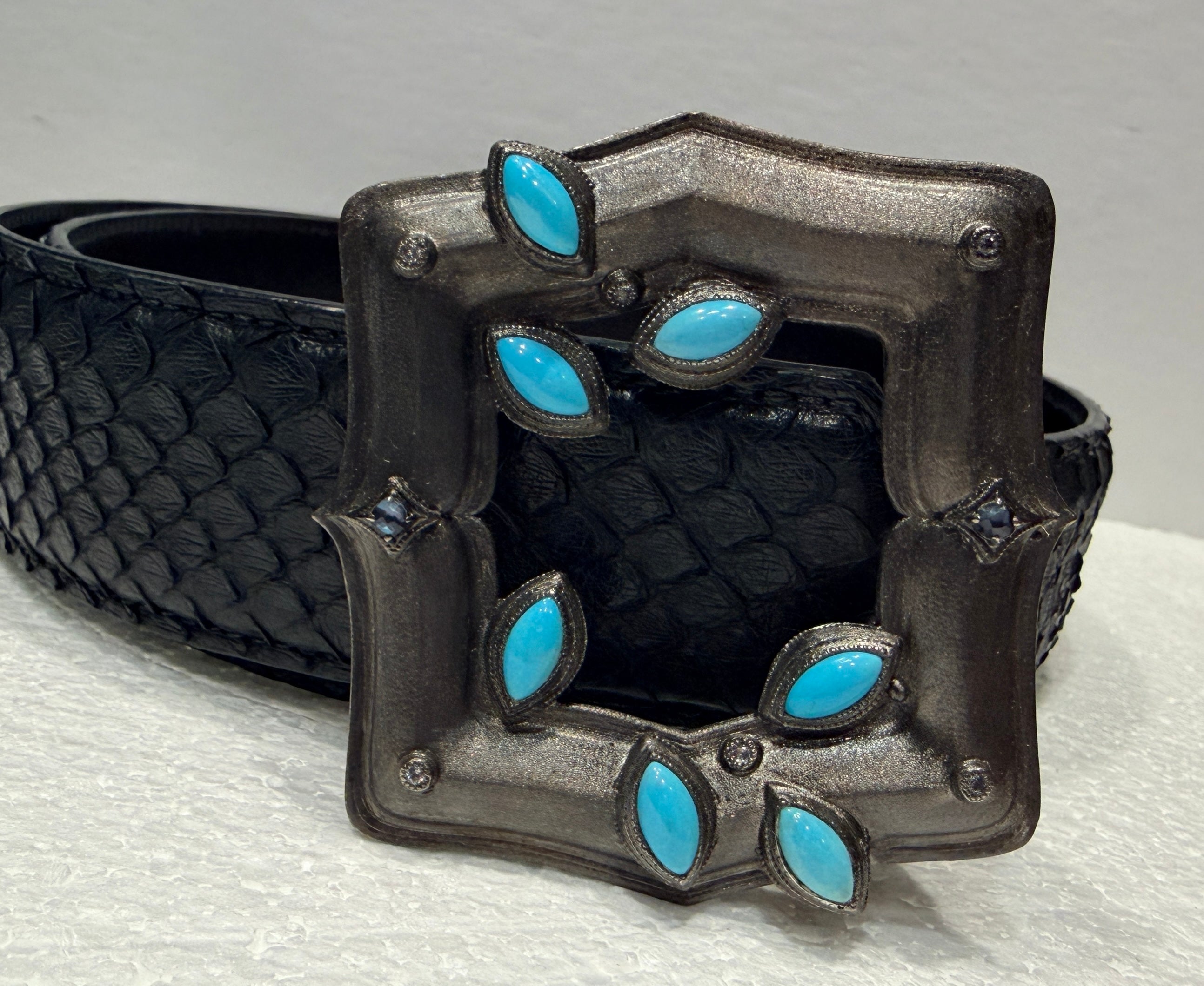 Alhambra Buckle Adorned w/Spinel, Onyx, + Marquise w/Brushed Caviar Leather Belt