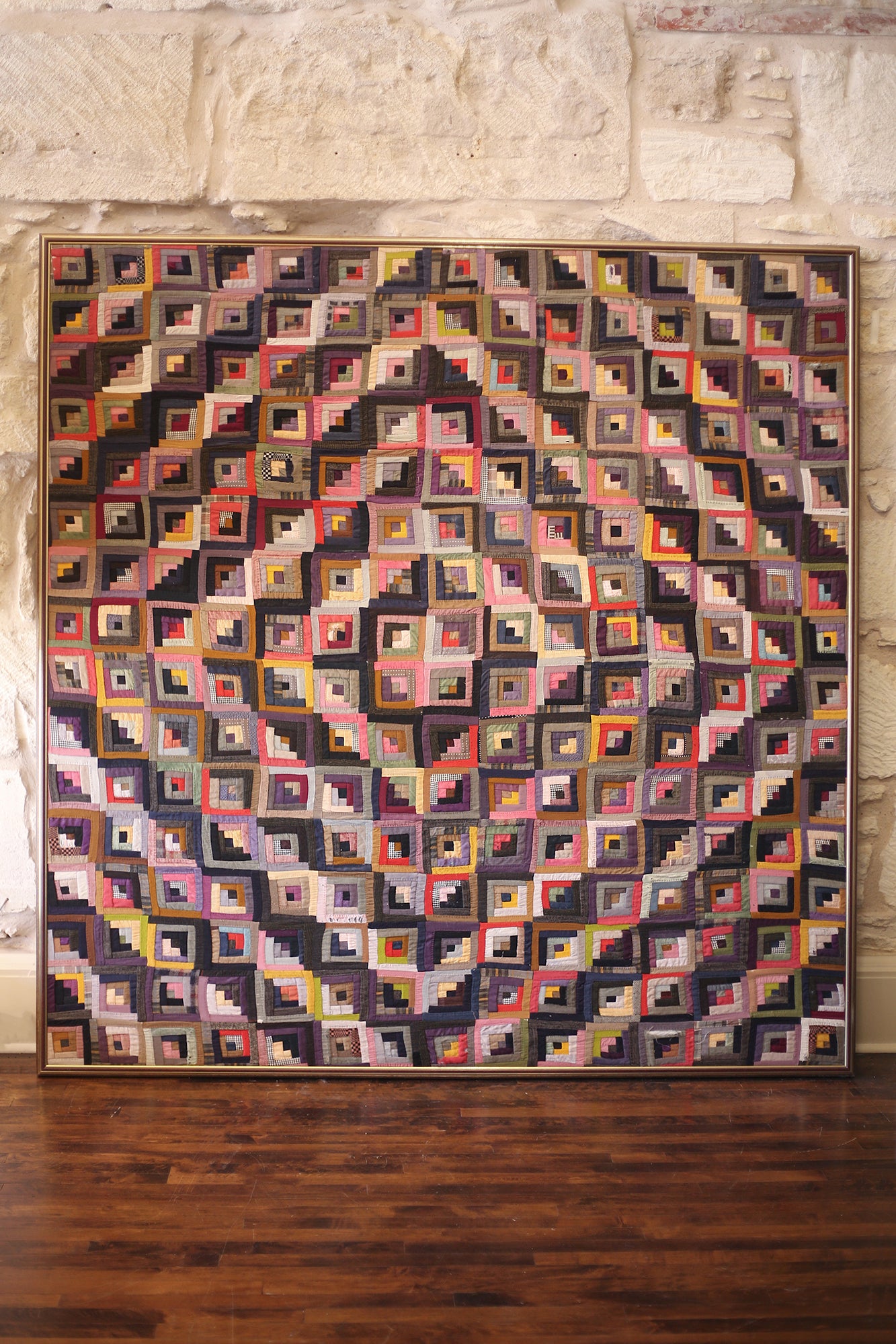 Antique Log Cabin Diamond Quilt Framed  78"h x 76"w
