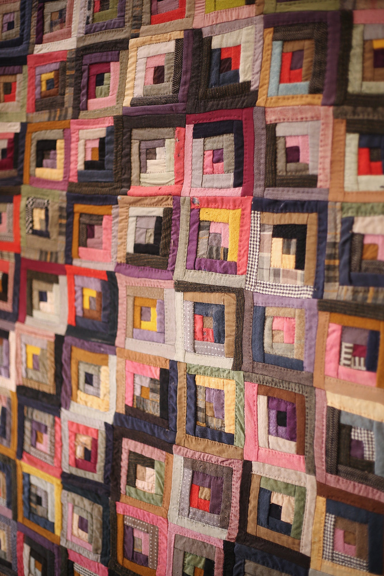 Antique Log Cabin Diamond Quilt Framed  78"h x 76"w