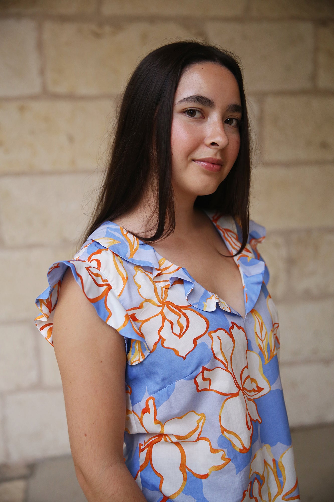 Ava Top White Lotus Blue Multi