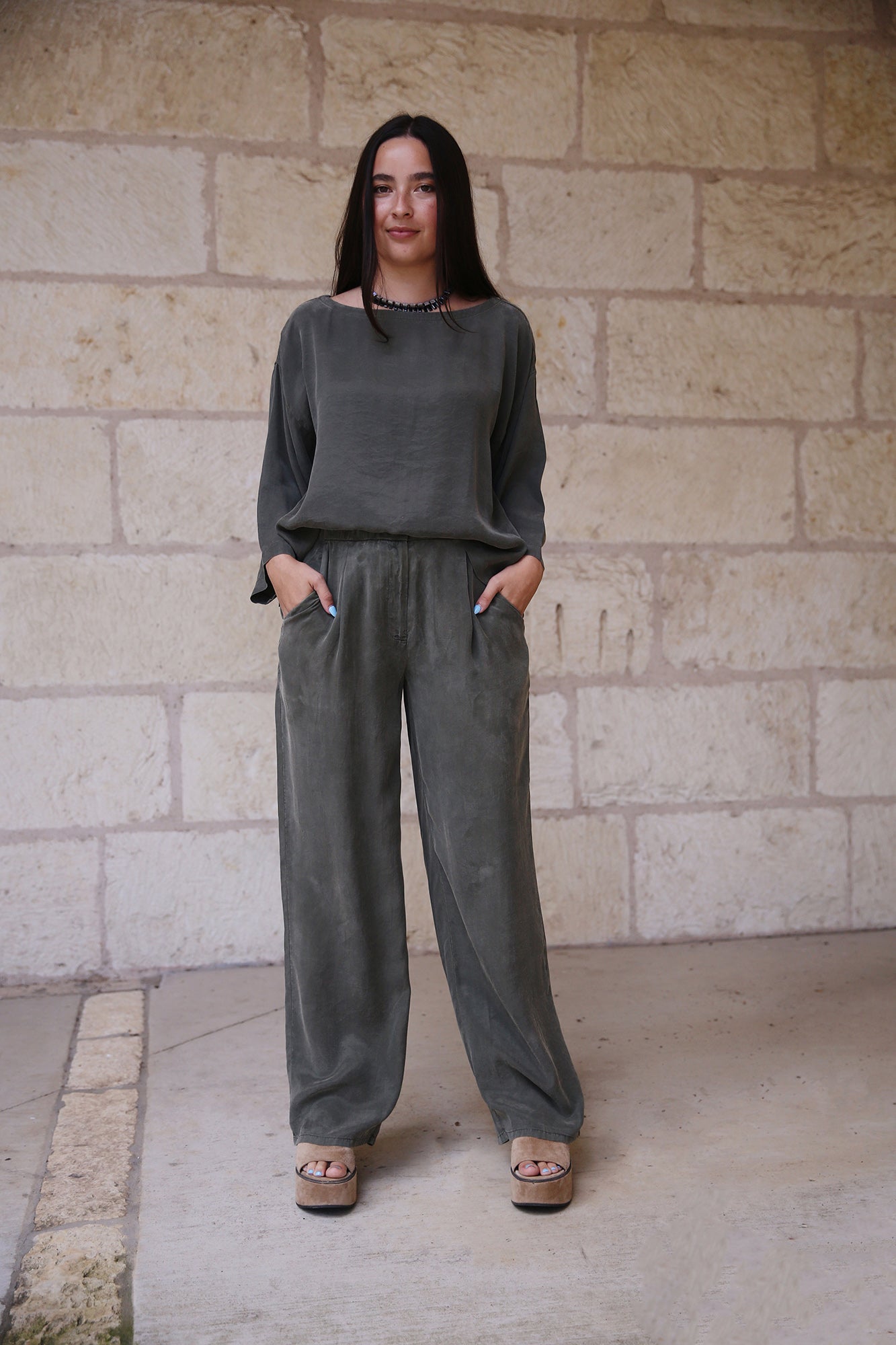 High Waisted Wide Pleated Full Length Pant-GRVE