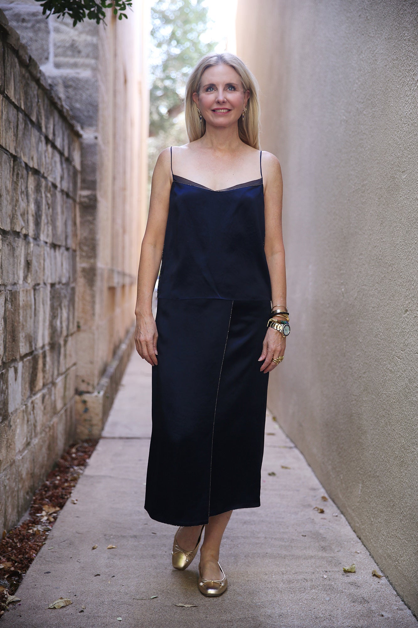 Beaded-Border Satin Slip Coastal Blue