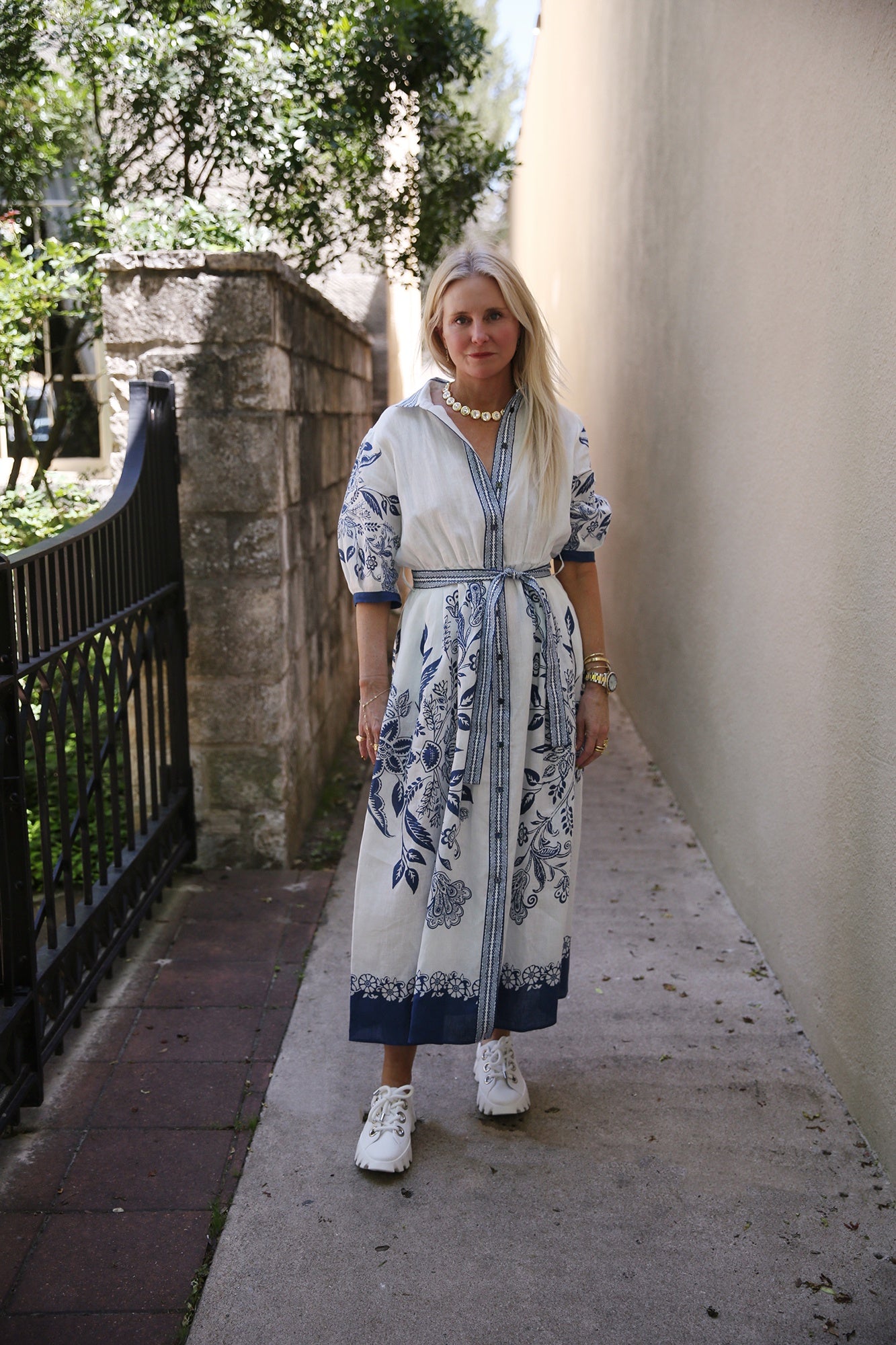 Blue Leaves White Dress