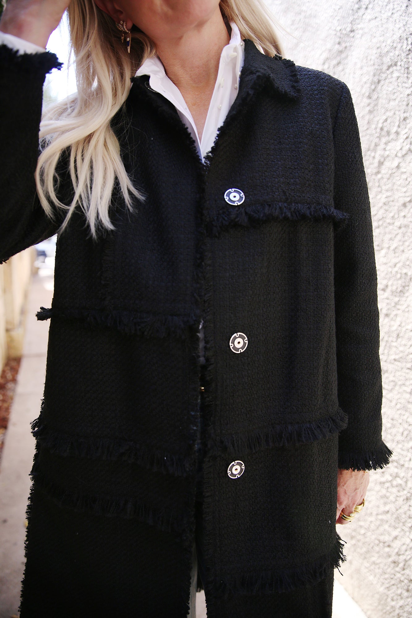 Bouclé Tweed Hand-Fringed Patchwork Coat Black