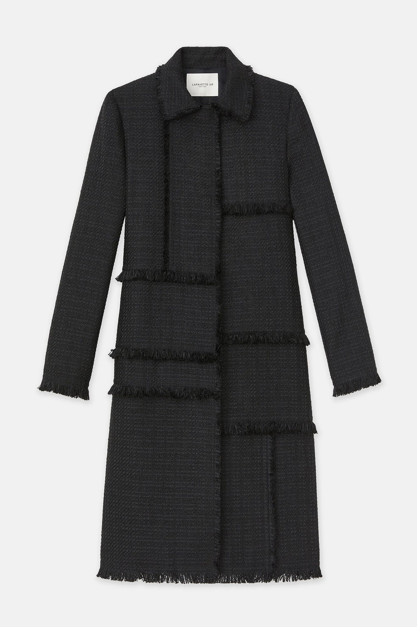 Bouclé Tweed Hand-Fringed Patchwork Coat Black