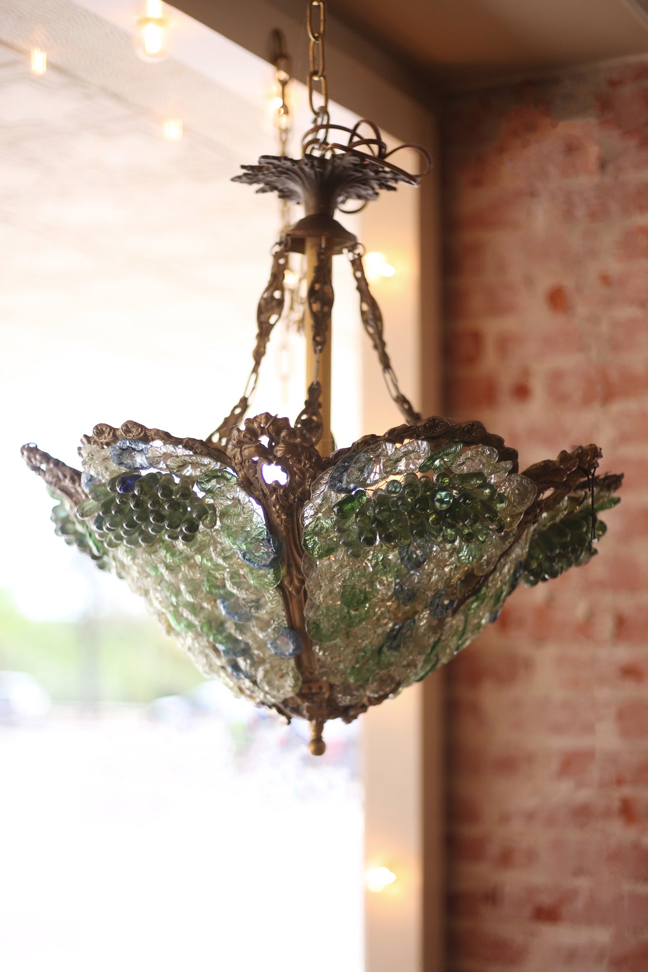 Bronze & Glass Grapes & Flowers Ceiling Lights- Pair