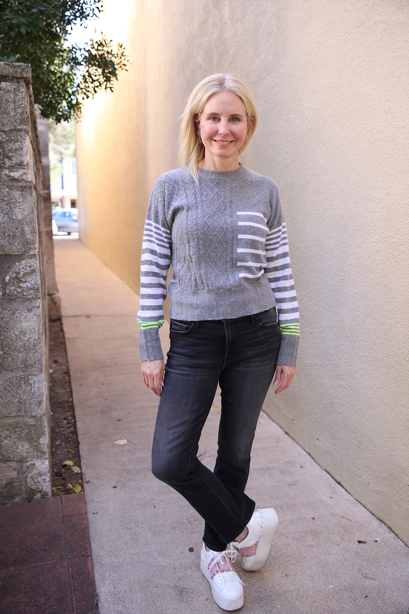 Callie Cable Stripe Jumper Mid Grey Haze Neon Yellow