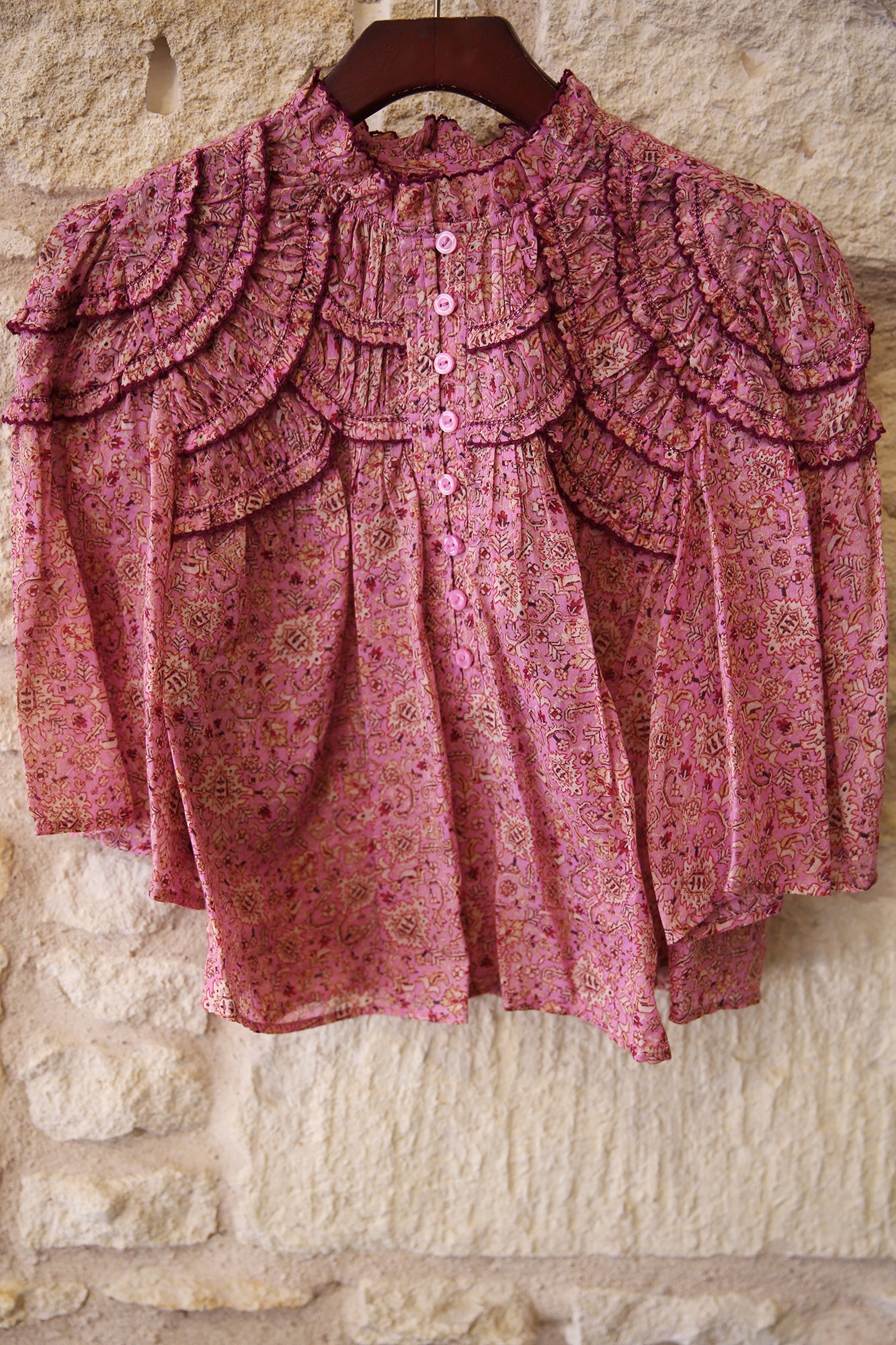 Carmen Printed And Gathered Cotton Voile Top Pink