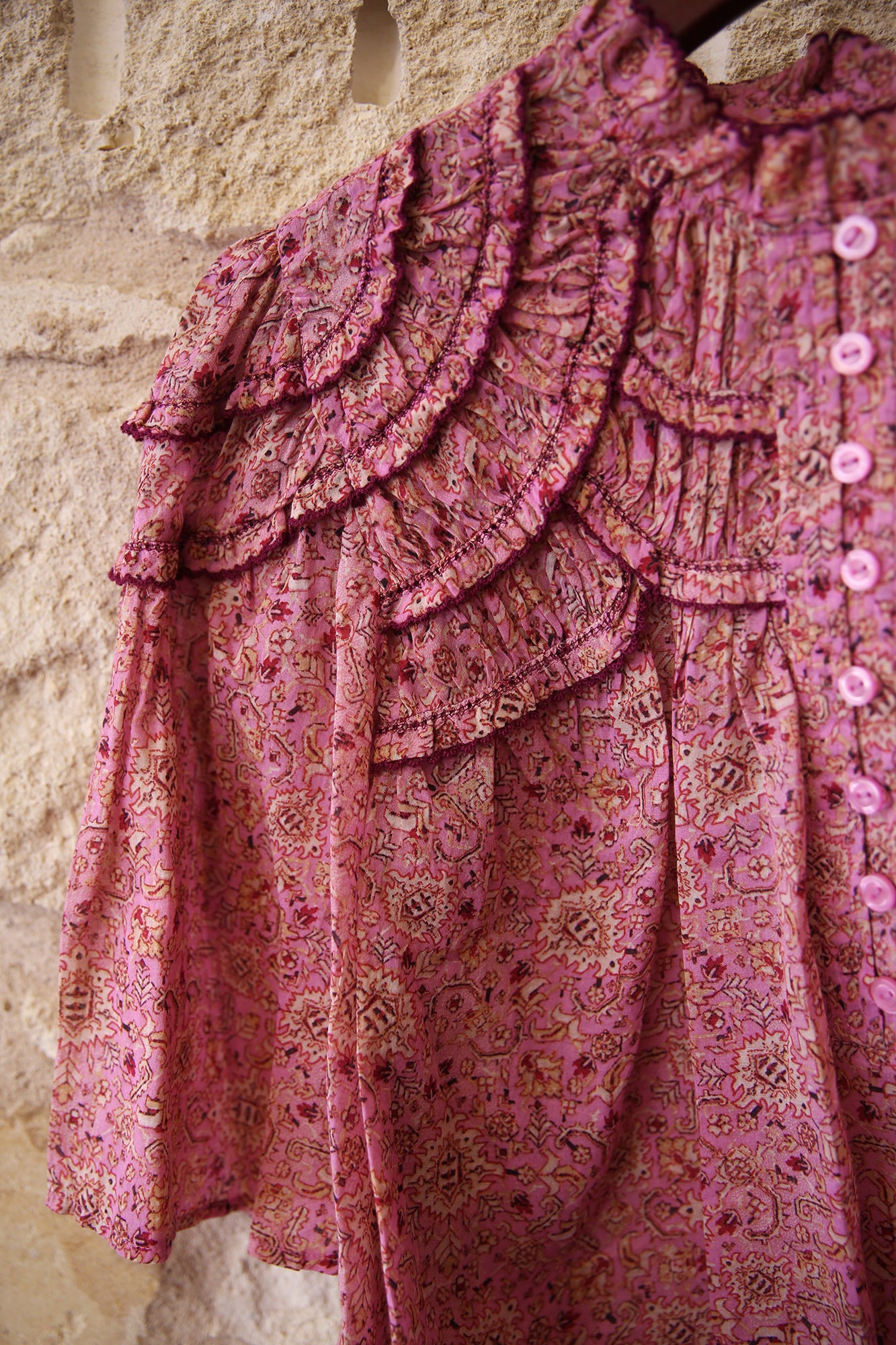 Carmen Printed And Gathered Cotton Voile Top Pink