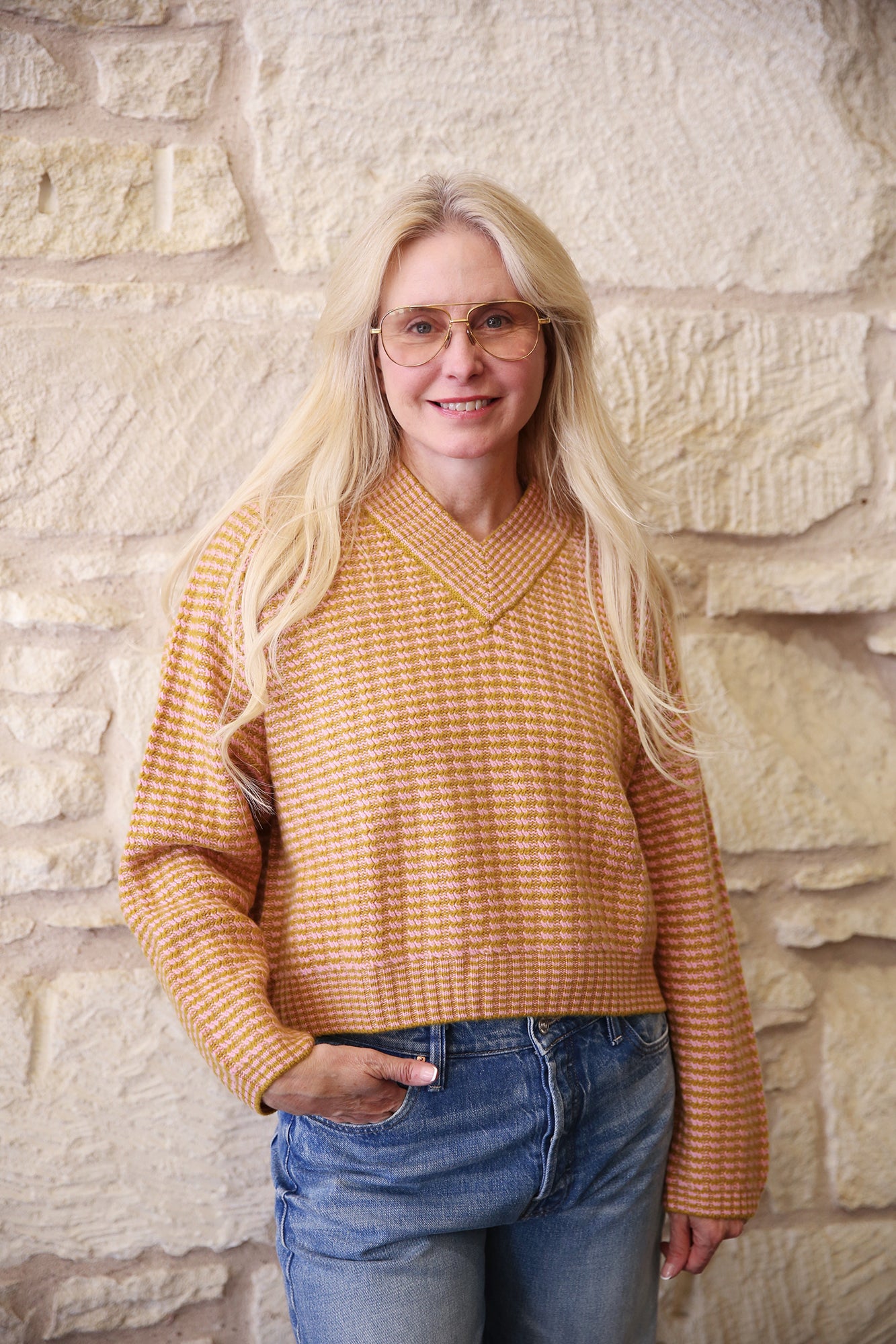 Cashmere Wool Crop Rick Rack Vee Sweater