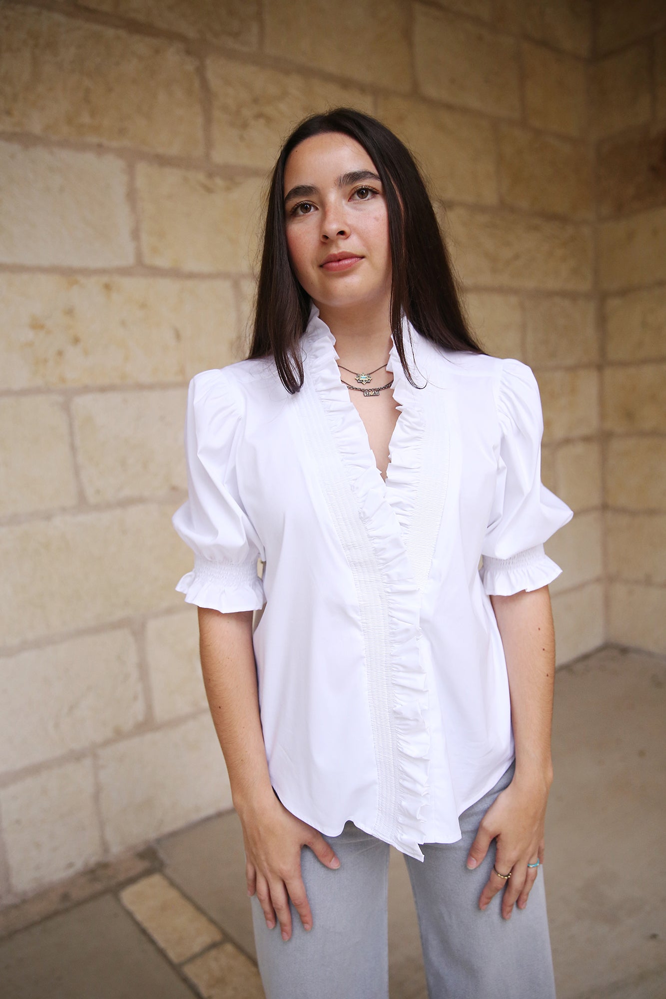 Cici Shirred Shirt Silky Poplin White