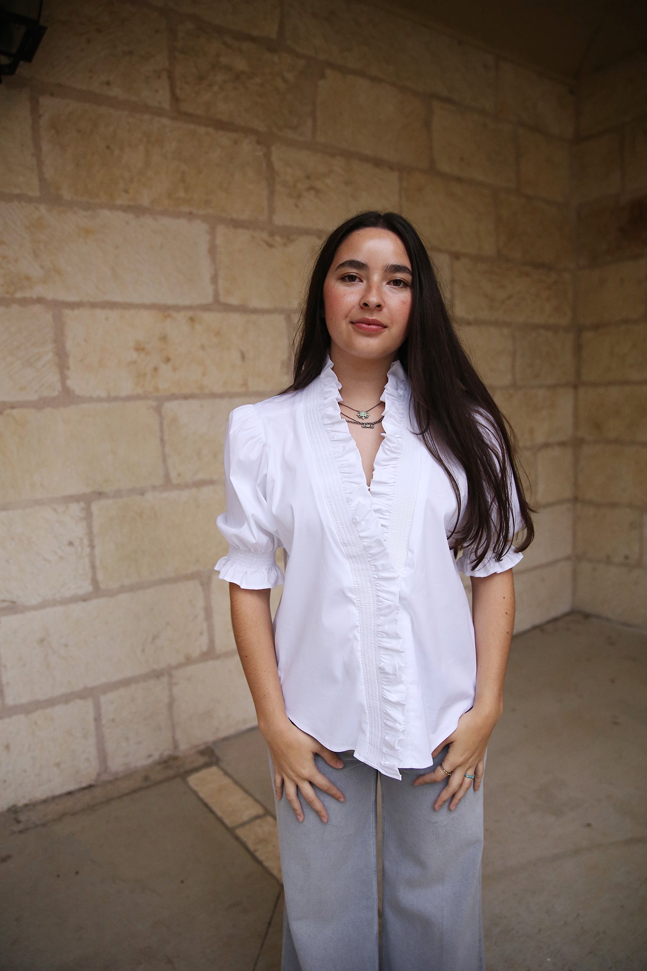 Cici Shirred Shirt Silky Poplin White
