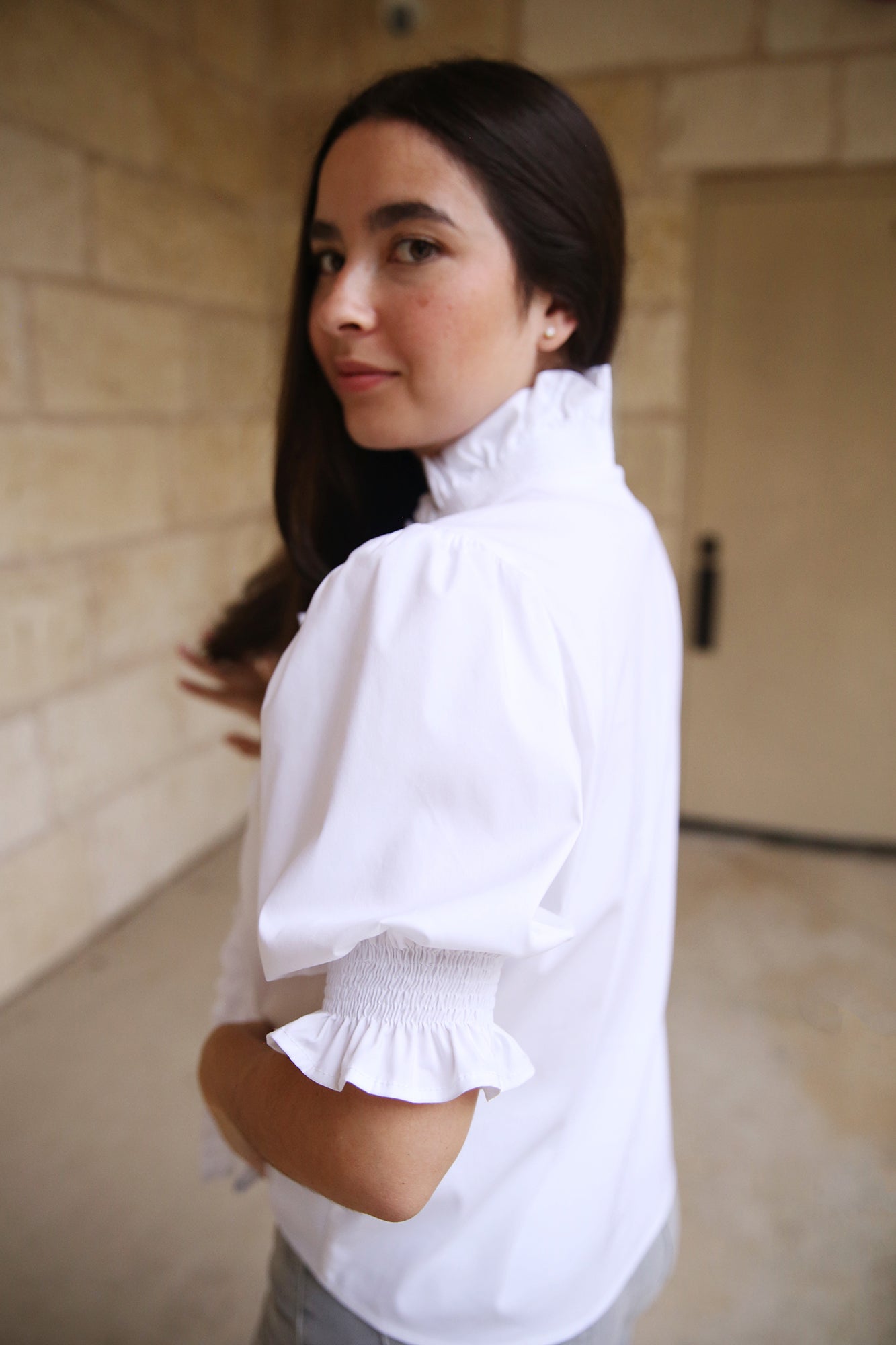 Cici Shirred Shirt Silky Poplin White