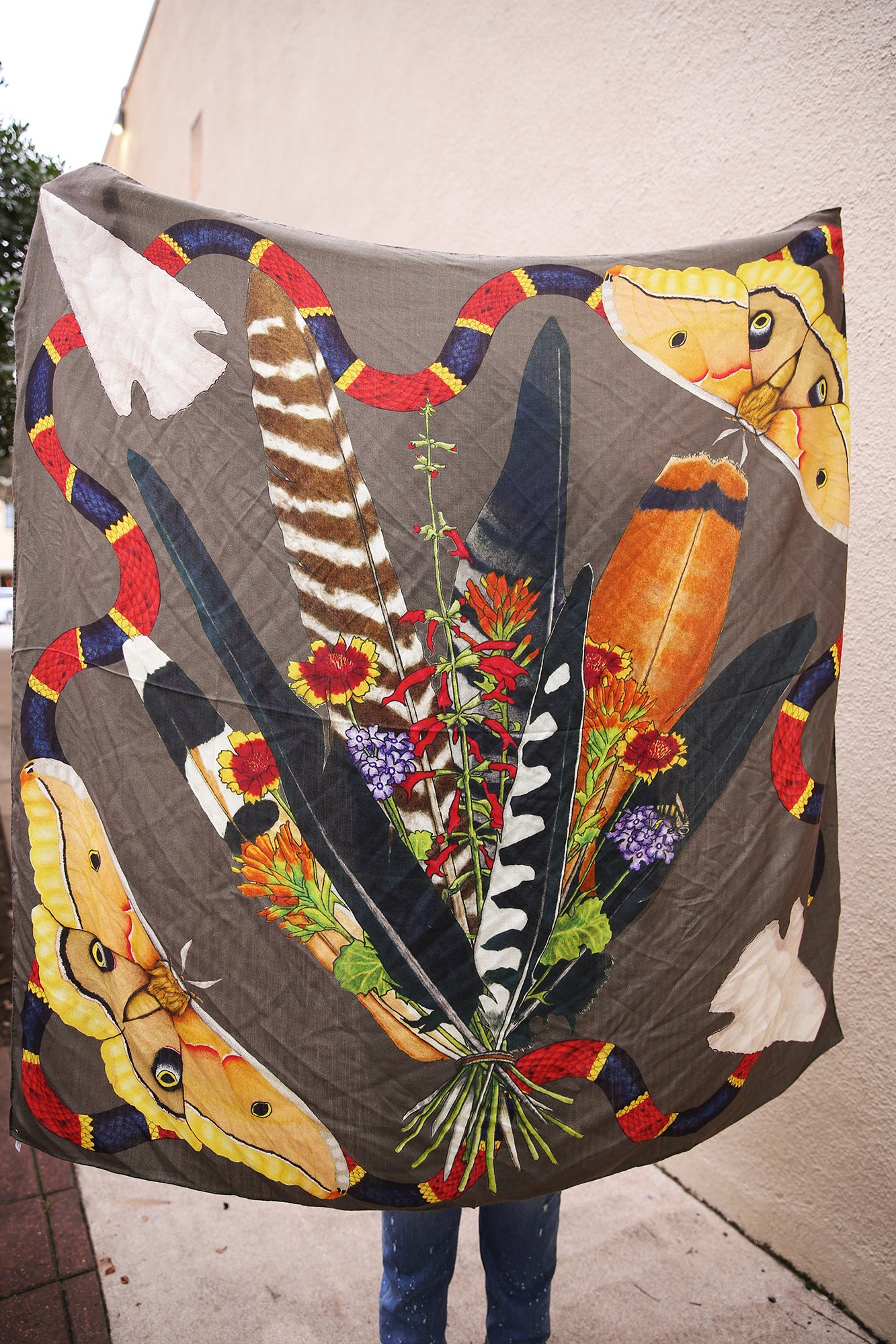 Feather Bouquet Snapping Turtle Cashmere Silk Shawl 54x54"
