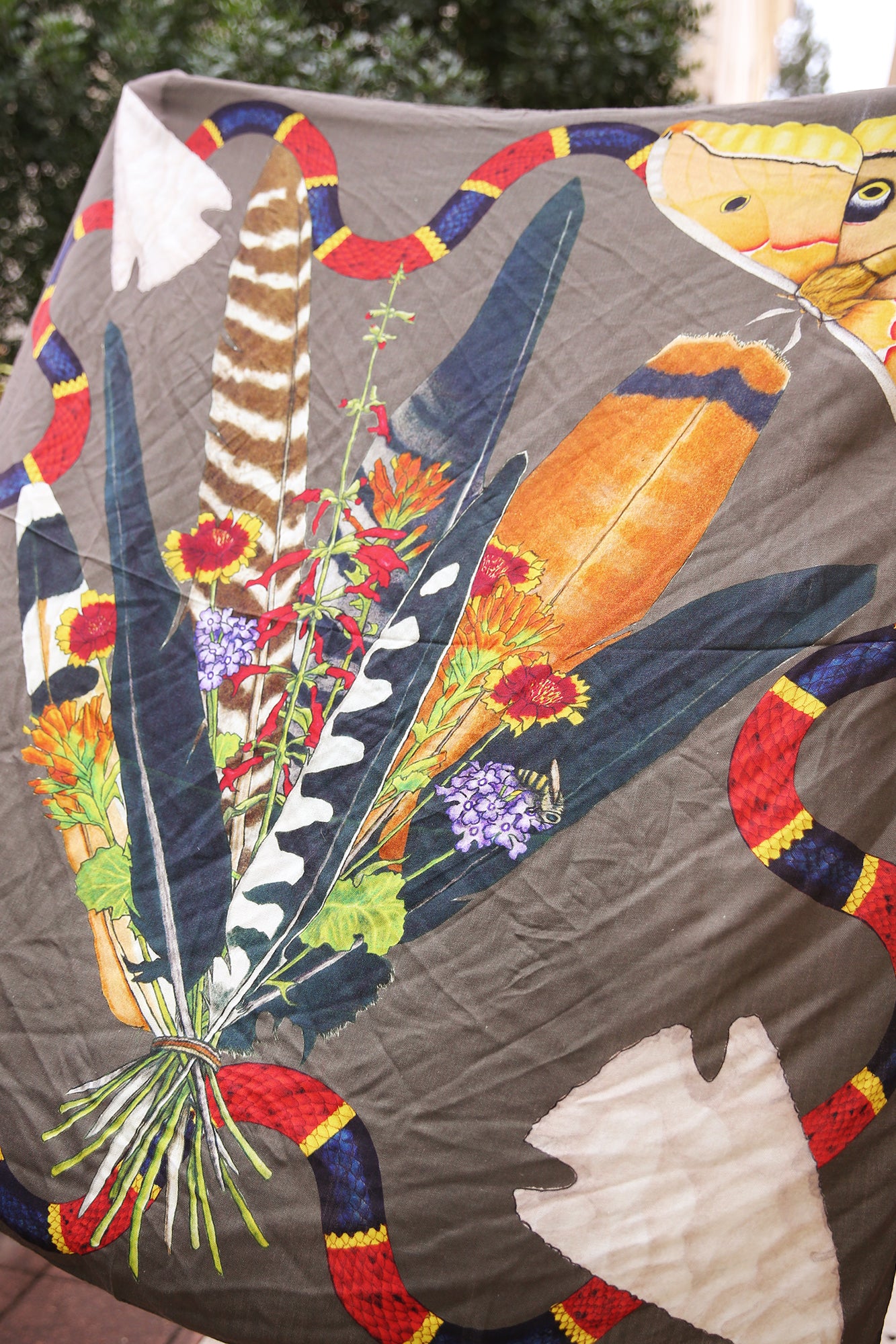 Feather Bouquet Snapping Turtle Cashmere Silk Shawl 54x54"