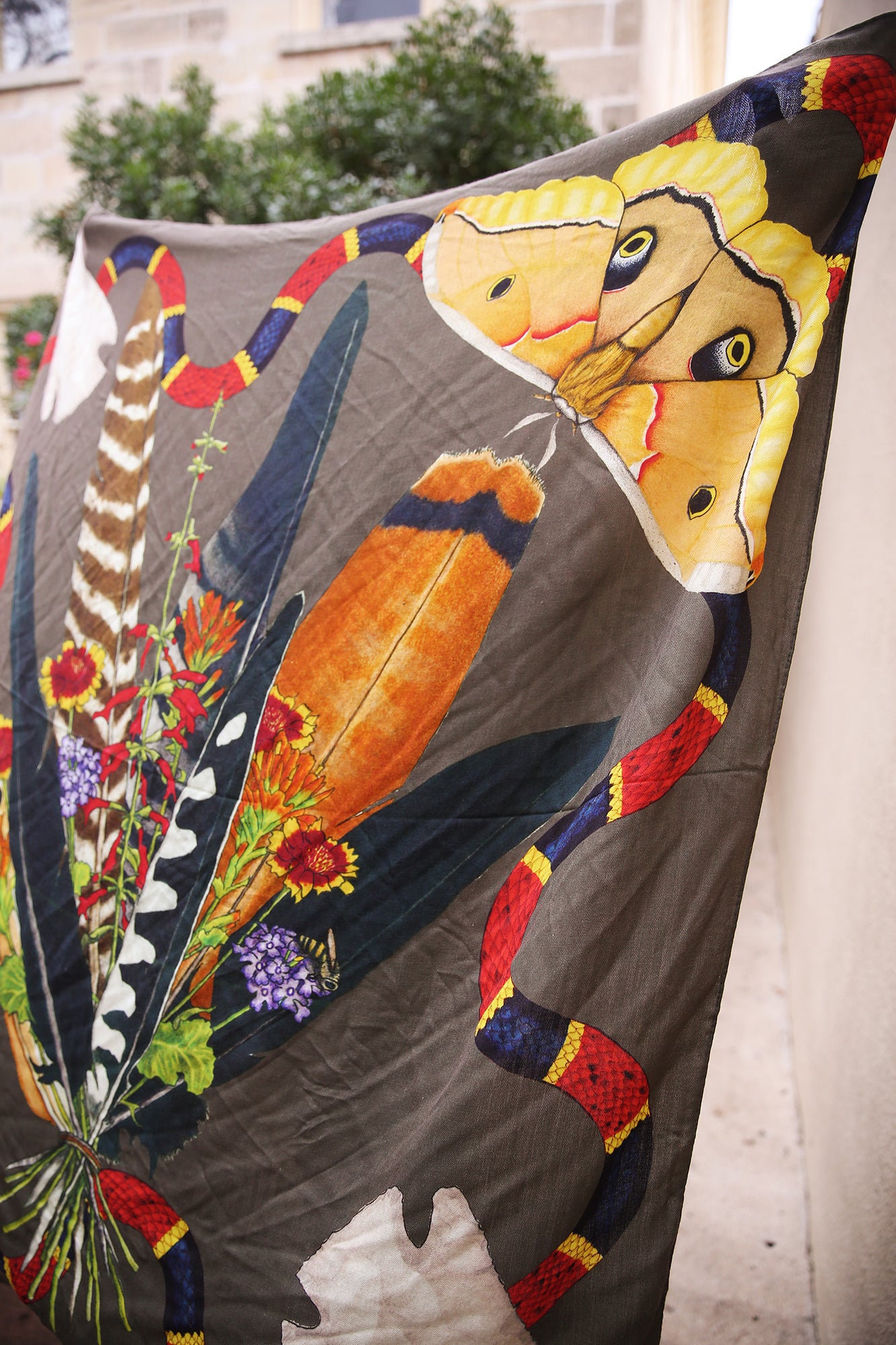 Feather Bouquet Snapping Turtle Cashmere Silk Shawl 54x54"