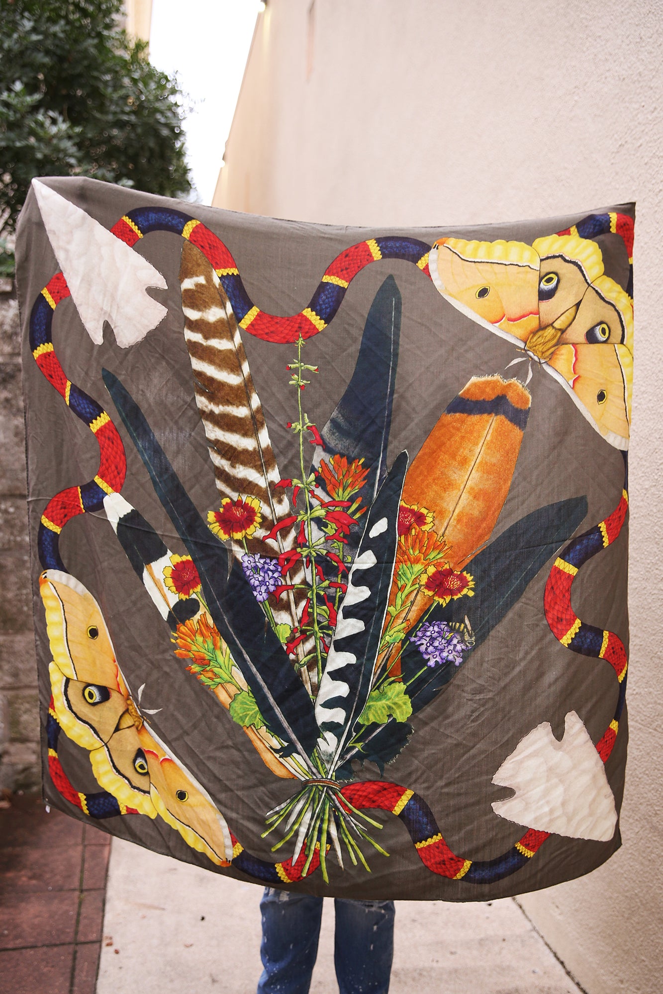 Feather Bouquet Snapping Turtle Cashmere Silk Shawl 54x54"