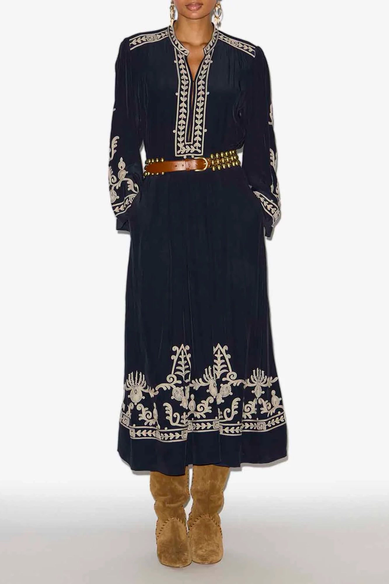 Feliana Long Embroidered Crepe Dress