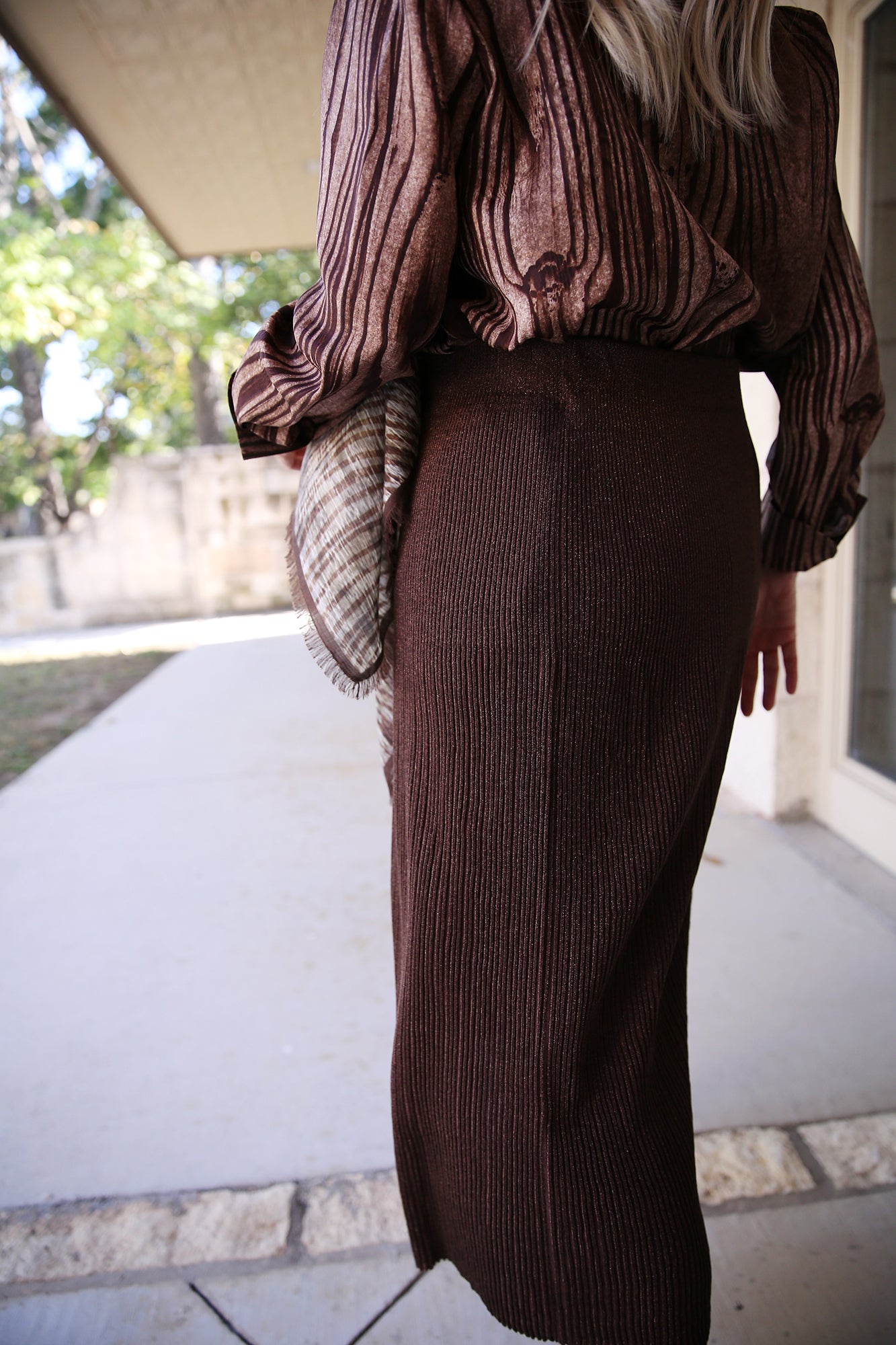 Finespun Voile Sunburst Ribbed Skirt Wood Metallic