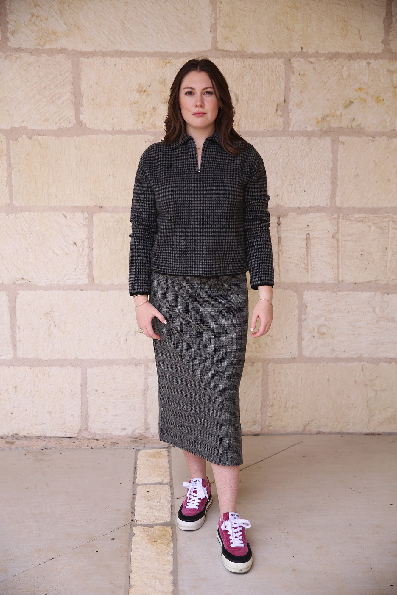Glen Plaid Italian Cotton-Blend Side-Slit Skirt Black Multi