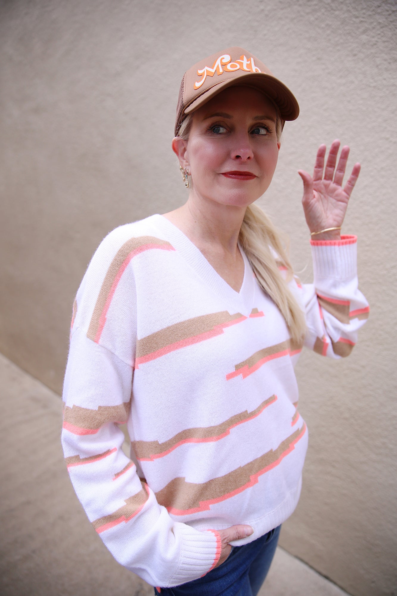 Glitch Zebra V Neck Sweater Organic White Camel Neon Coral