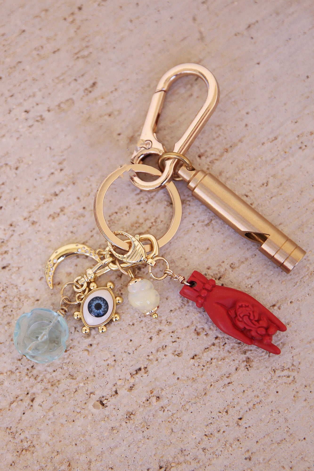Gold Plated Bag Charm w/ Brass Whistle, Carved Red Cinnabar Buddha Hand w/ Pixiu, + Other Charms