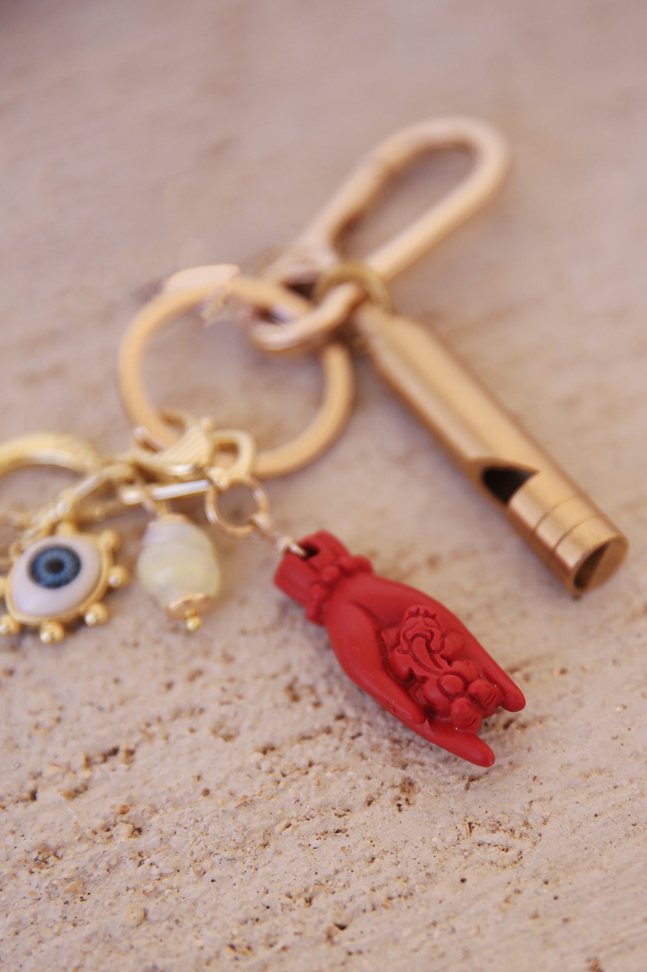 Gold Plated Bag Charm w/ Brass Whistle, Carved Red Cinnabar Buddha Hand w/ Pixiu, + Other Charms