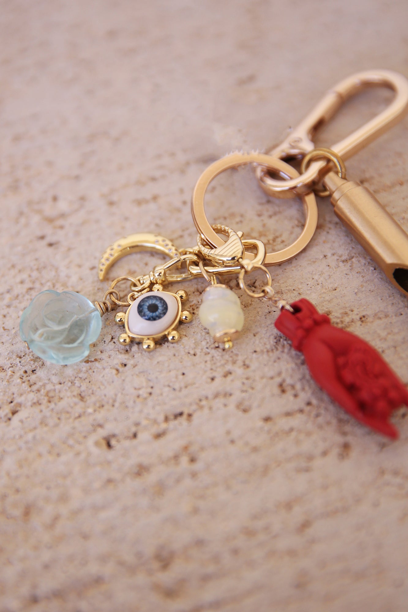 Gold Plated Bag Charm w/ Brass Whistle, Carved Red Cinnabar Buddha Hand w/ Pixiu, + Other Charms