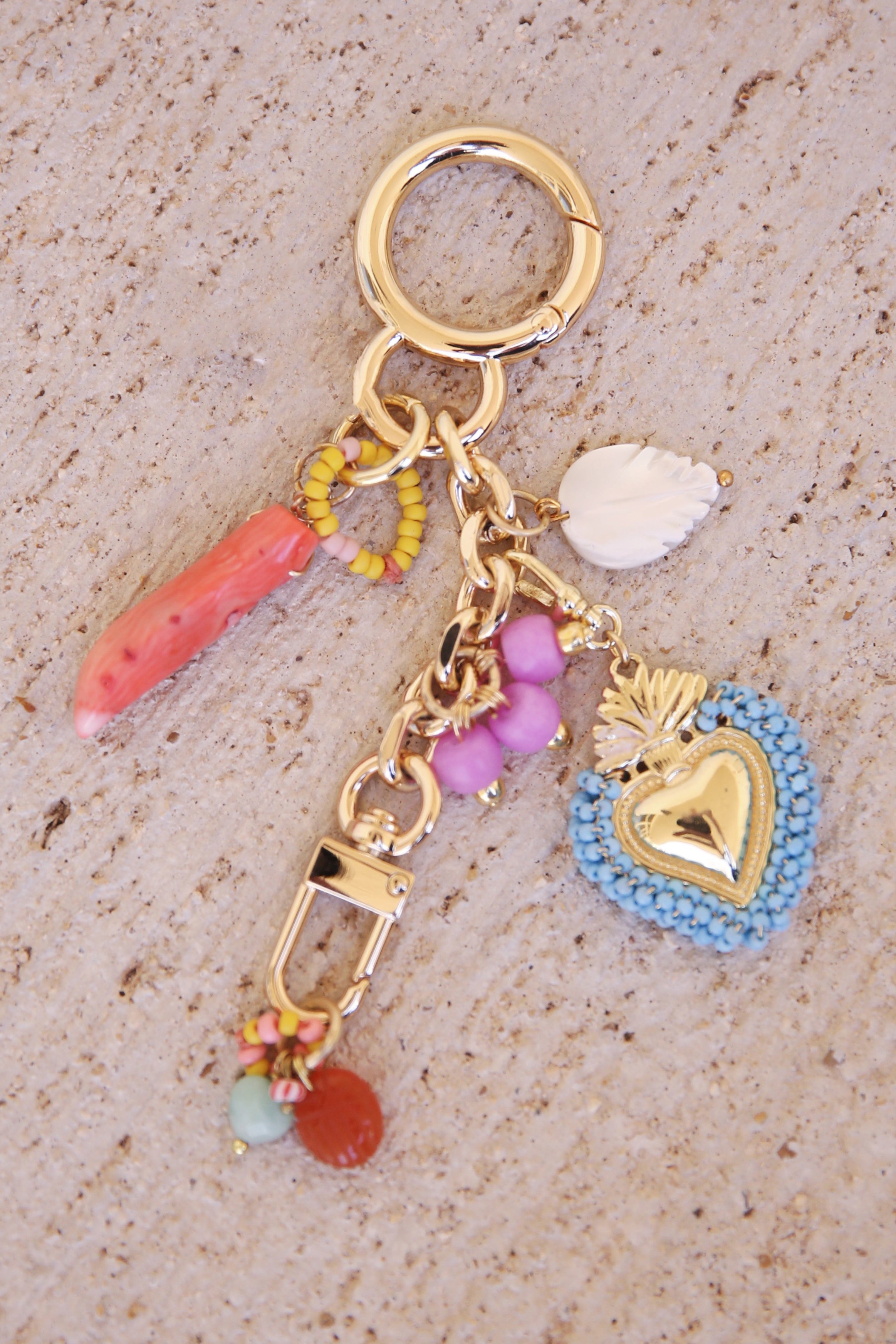 Gold Plated Bag Charm w/ Coral, Carved Mother-Of-Pearl, Pink Dyed Jade, + Handcarved Carnelian Scarab Charms