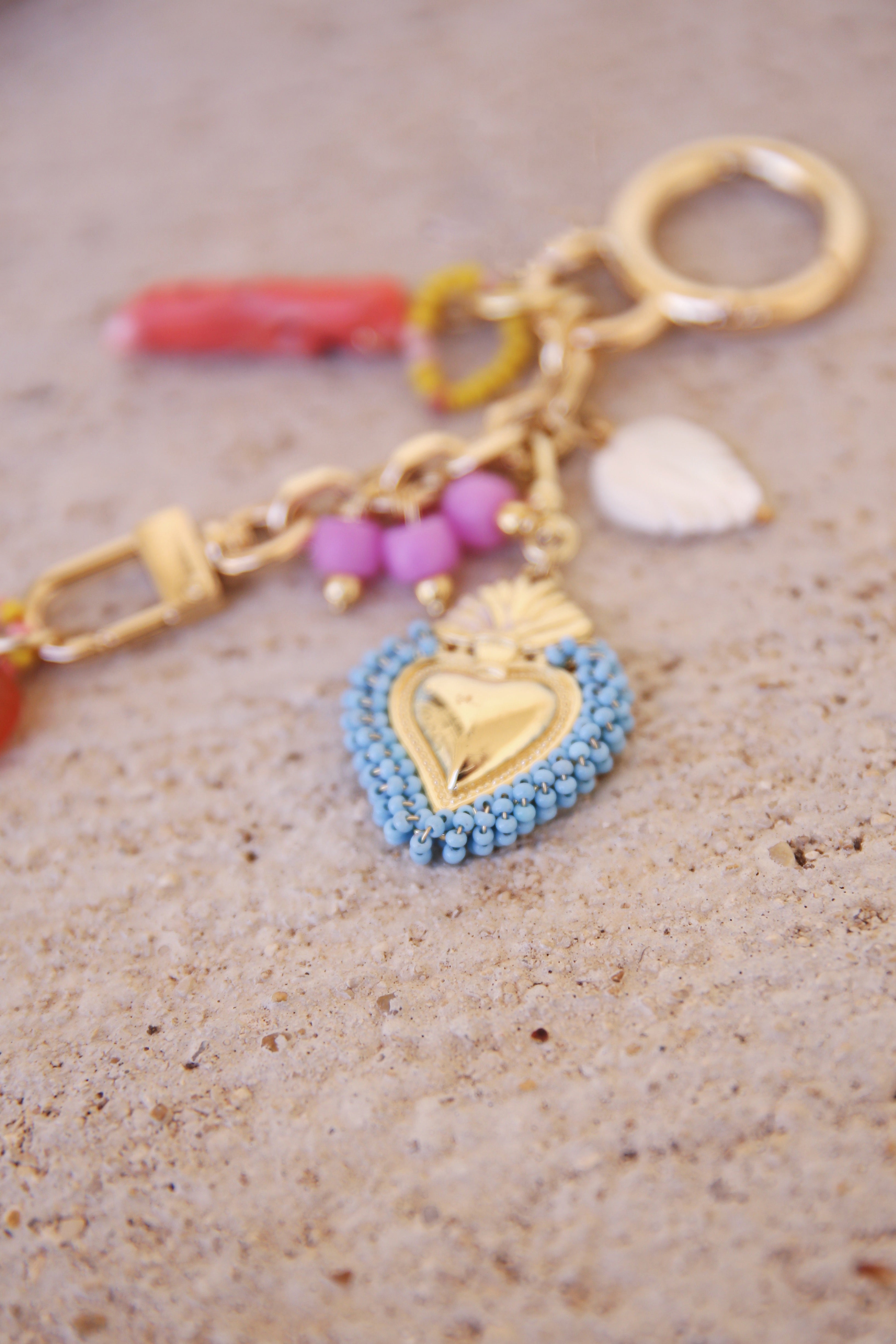Gold Plated Bag Charm w/ Coral, Carved Mother-Of-Pearl, Pink Dyed Jade, + Handcarved Carnelian Scarab Charms