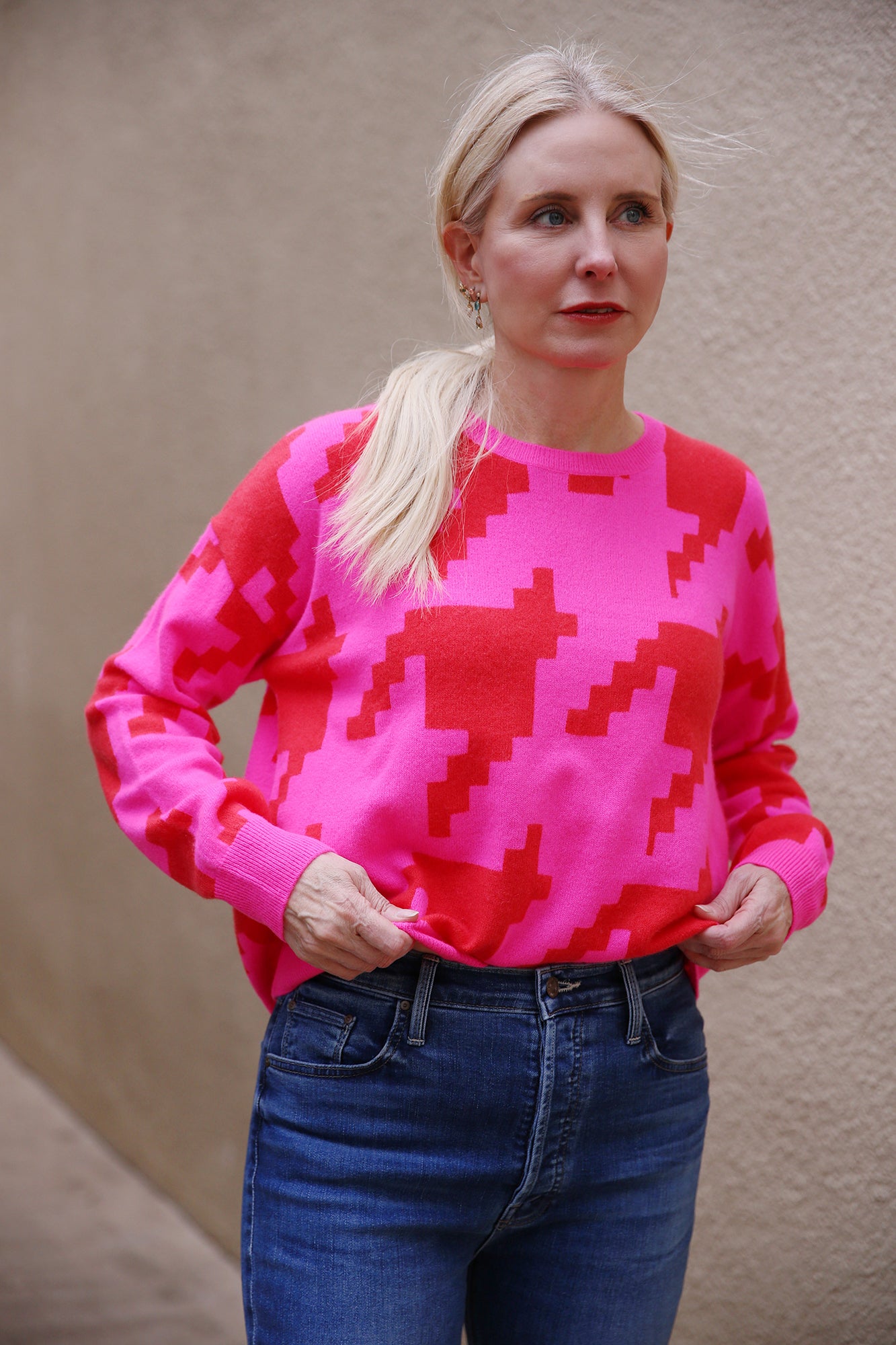 Hayley Houndstooth Crew Sweater Diva Pink Lipstick