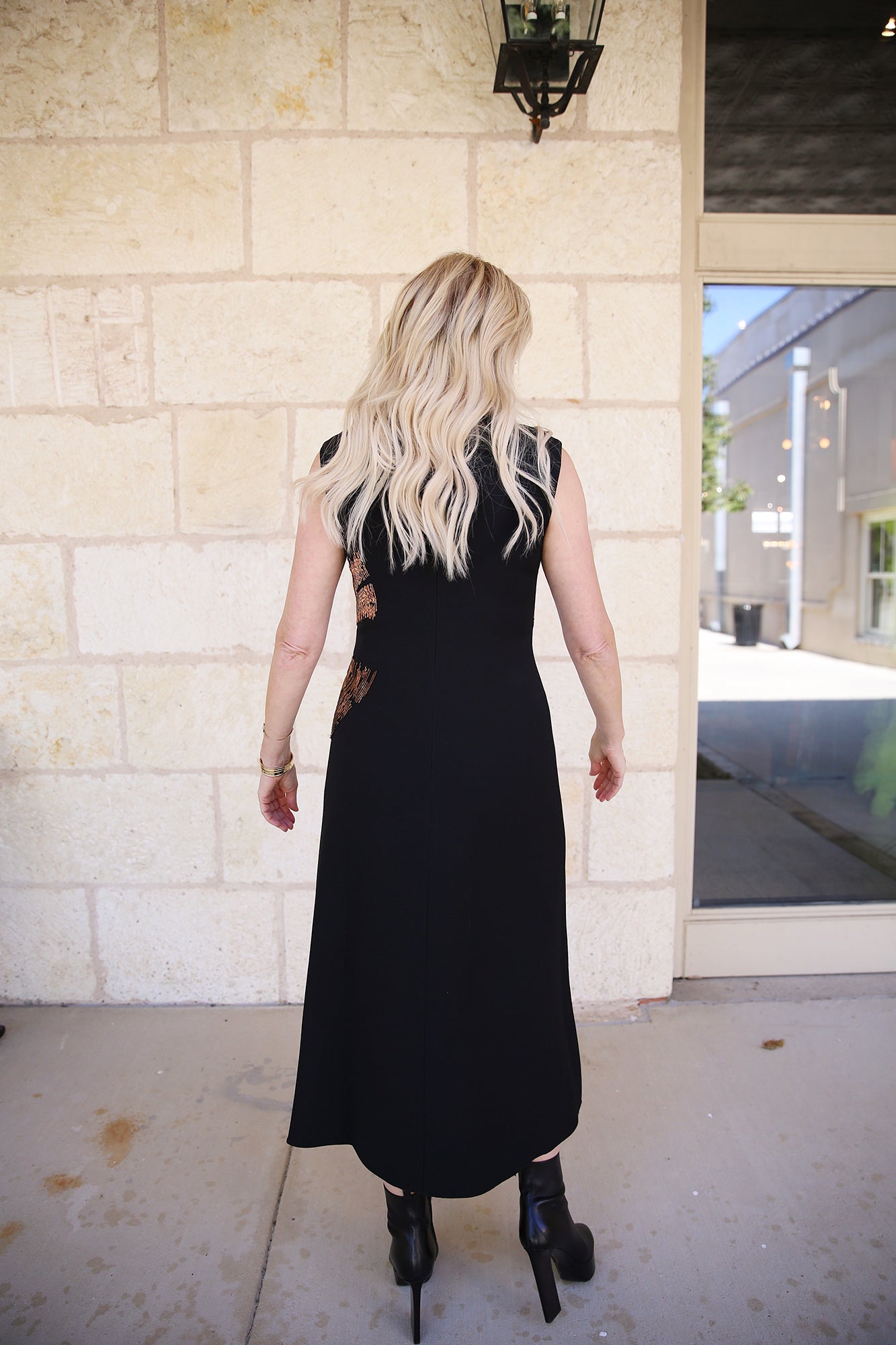 Hand-Beaded Wool-Silk Crepe Cap Sleeve Dress Black