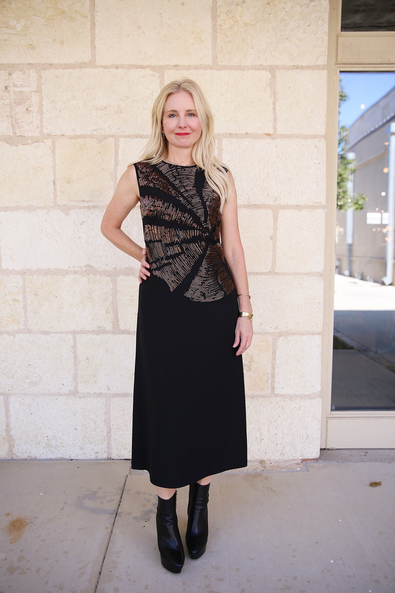 Hand-Beaded Wool-Silk Crepe Cap Sleeve Dress Black