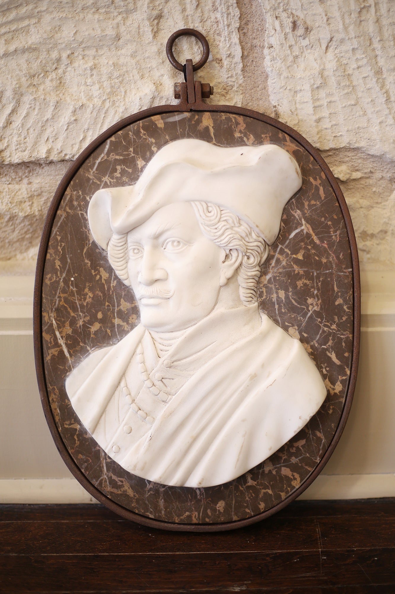 Left-Facing Iron-Framed Marble Italian Portrait Medallion