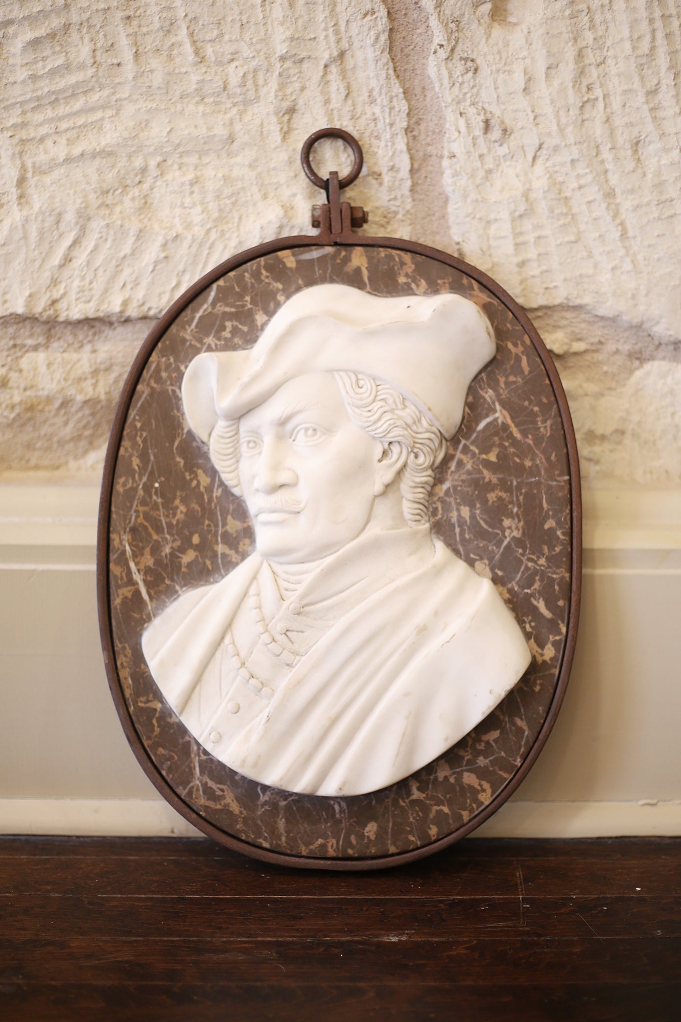 Left-Facing Iron-Framed Marble Italian Portrait Medallion