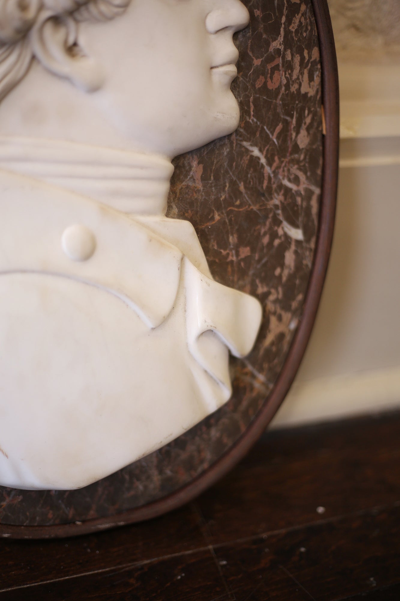 Right-Facing Iron-Framed Marble Italian Portrait Medallion