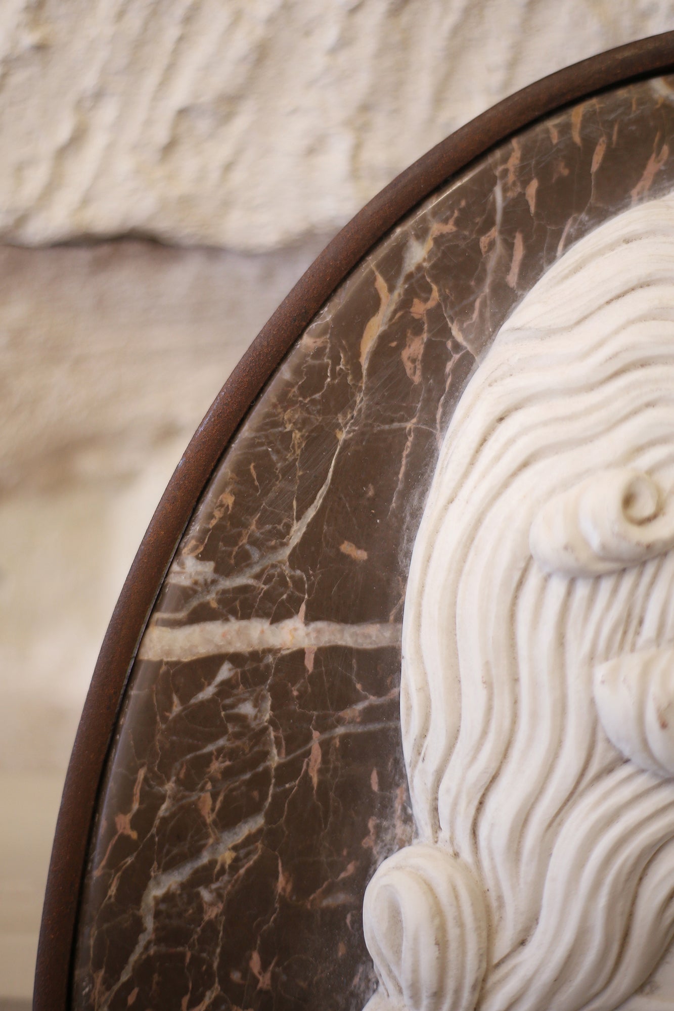 Right-Facing Iron-Framed Marble Italian Portrait Medallion